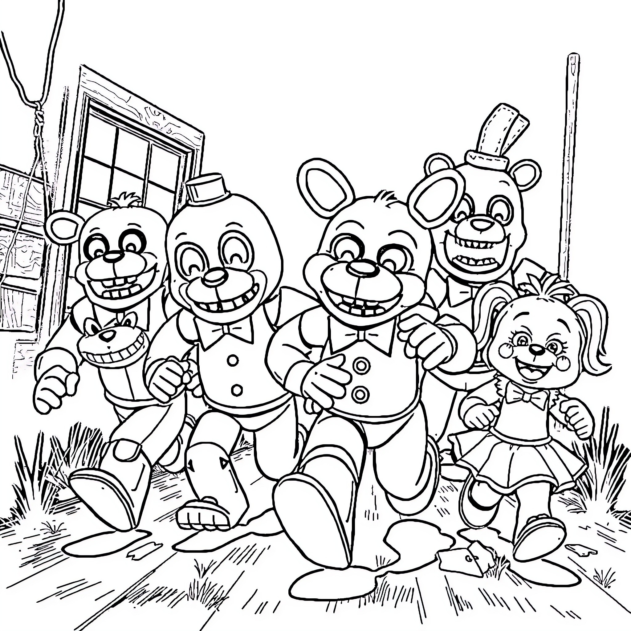 FGTV Animated characters in cheerful outdoor scene Coloring Page (free black-and-white line drawing printable PDF for all, from beginners to advanced learners, including children, teens, adults, and seniors)