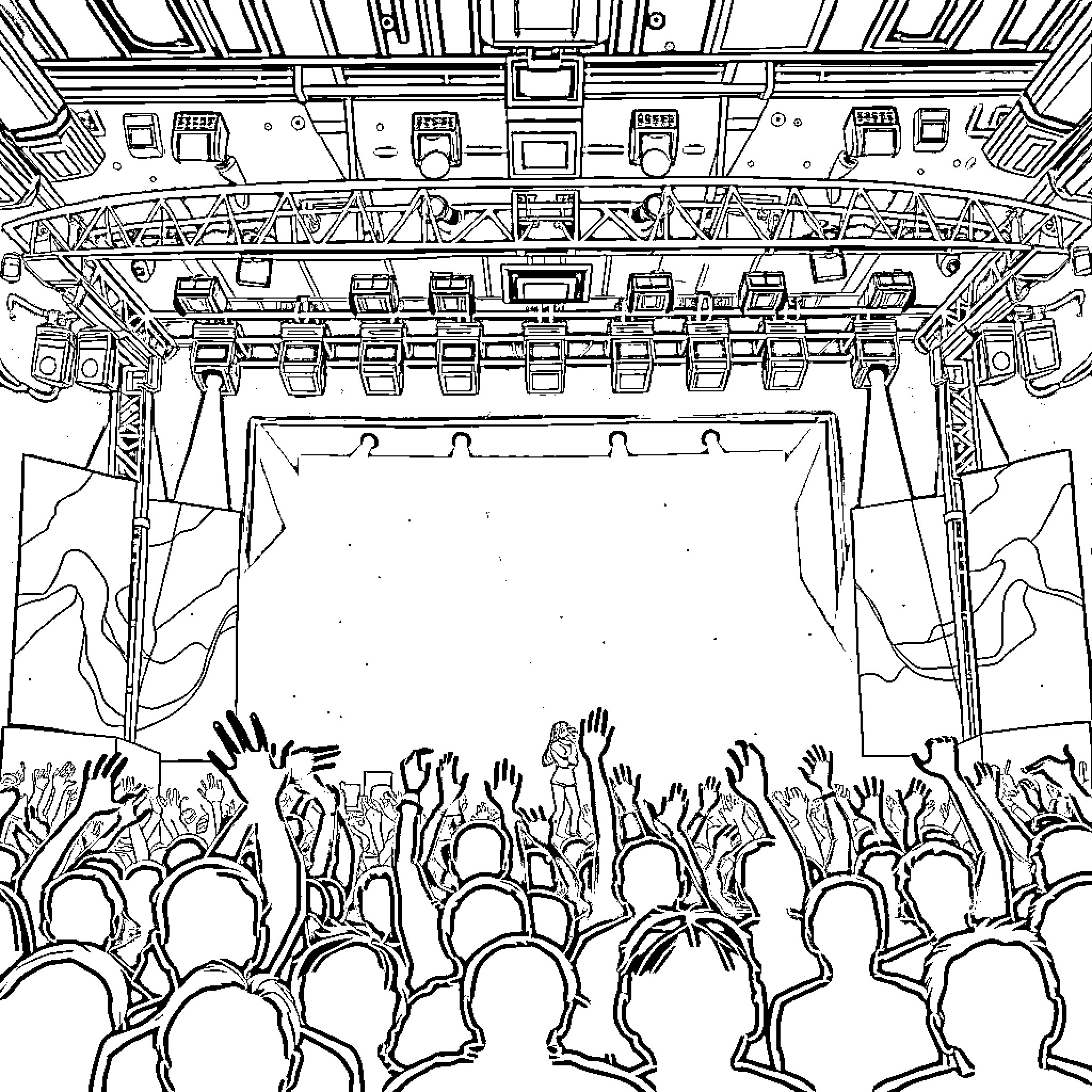 K Pop Concert Scene with Enthusiastic Audience Coloring Page (free black-and-white line drawing printable PDF for all, from beginners to advanced learners, including children, teens, adults, and seniors)