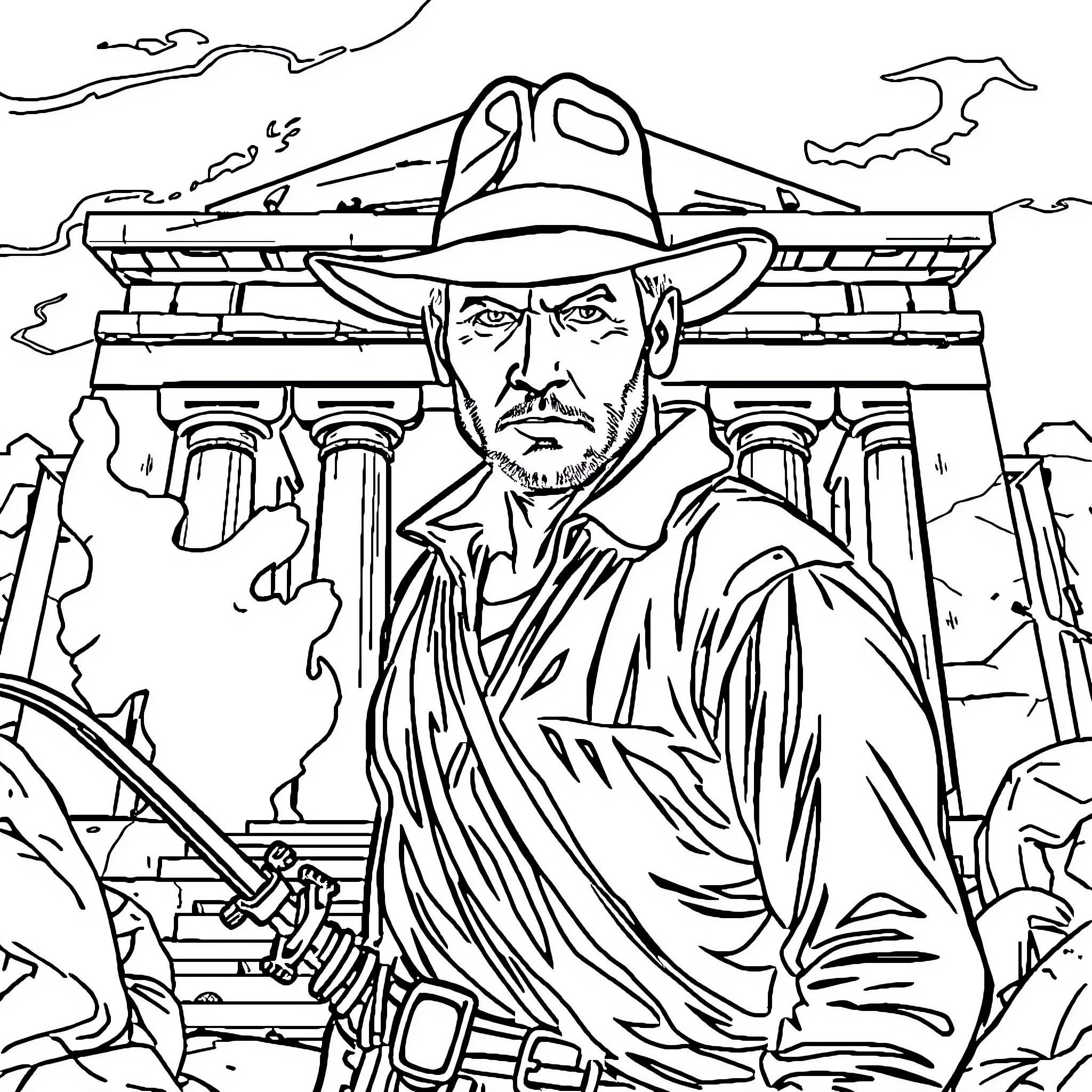 Indiana Jones in an Ancient Ruins Exploration Coloring Page (free black-and-white line drawing printable PDF for all, from beginners to advanced learners, including children, teens, adults, and seniors)