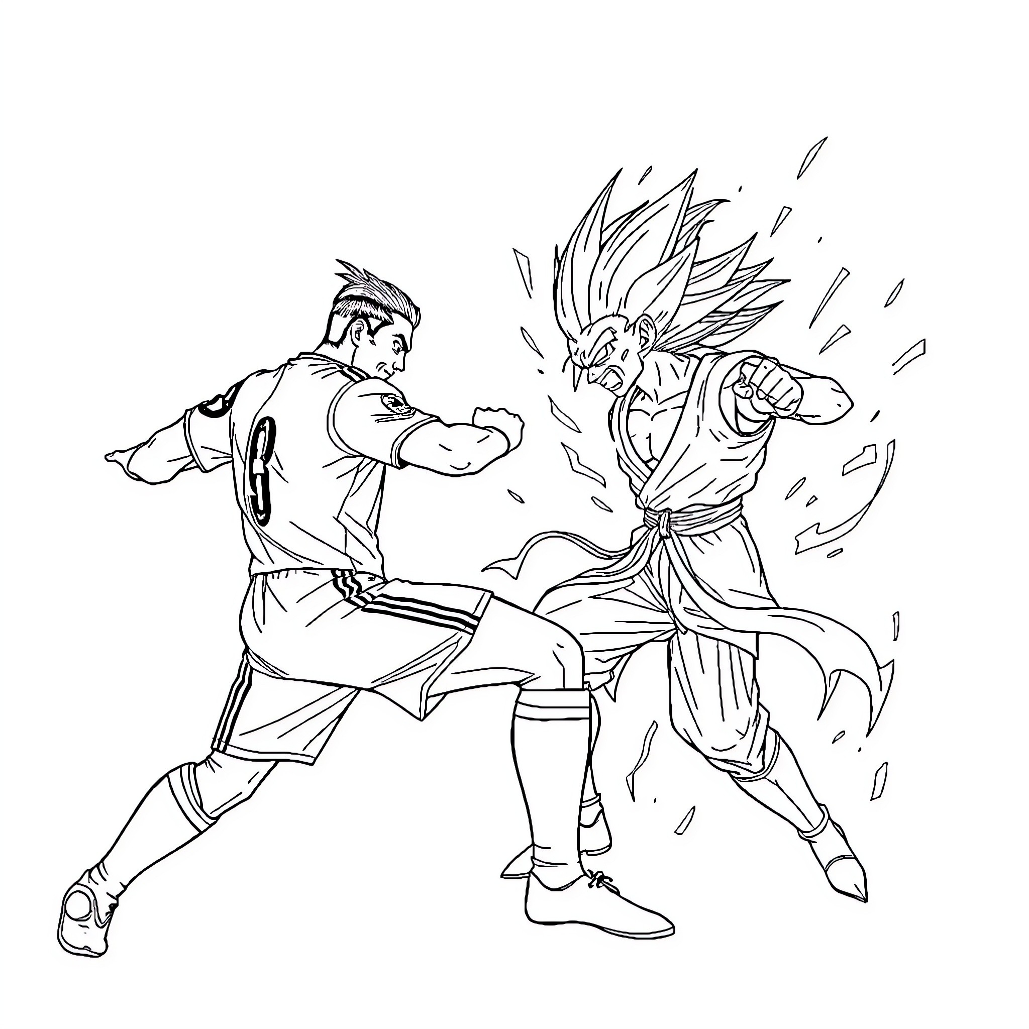 Cristiano Ronaldo battles a fierce opponent in an intense fight Coloring Page (free black-and-white line drawing printable PDF for all, from beginners to advanced learners, including children, teens, adults, and seniors)