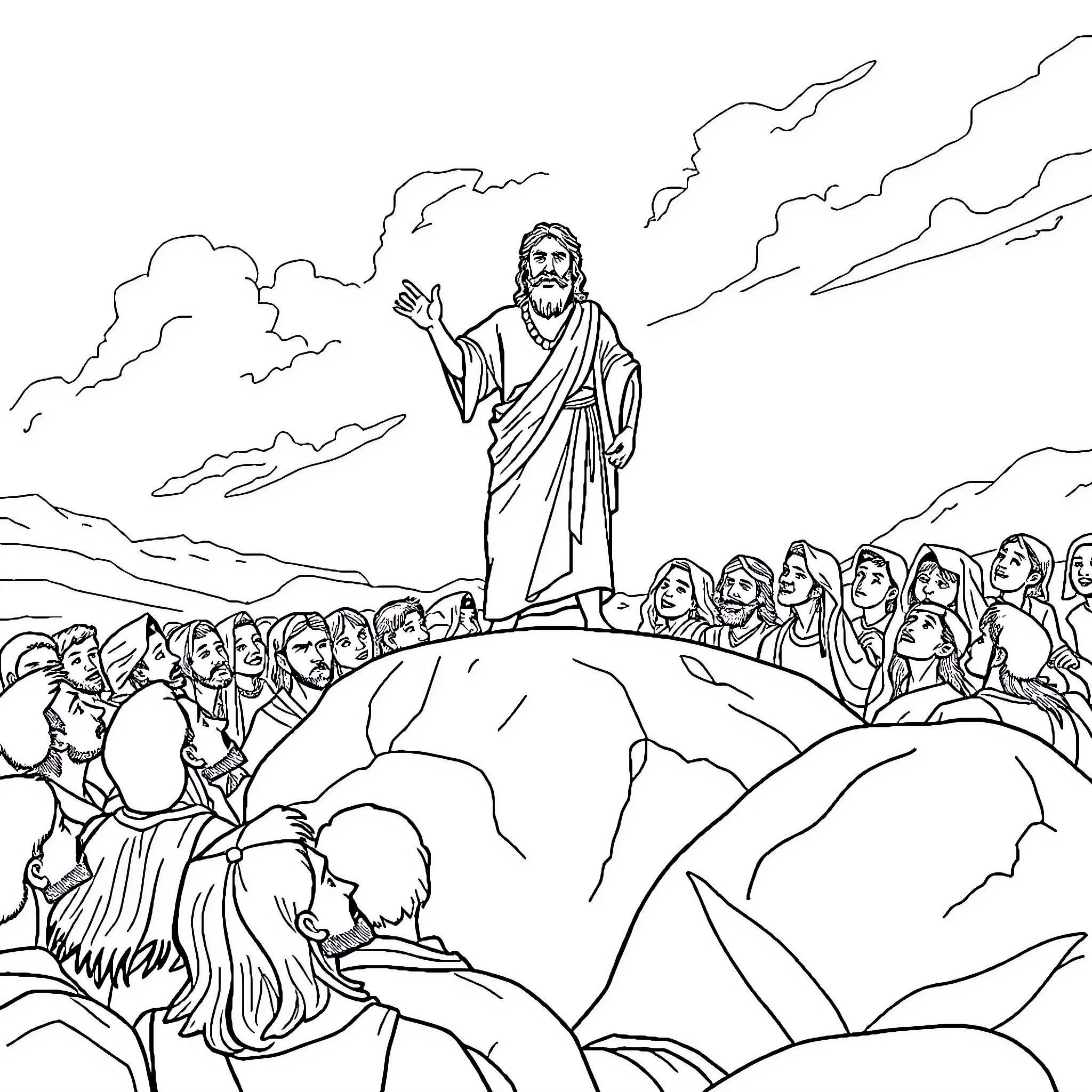 Moses addressing the people on the mount Coloring Page (free black-and-white line drawing printable PDF for all, from beginners to advanced learners, including children, teens, adults, and seniors)