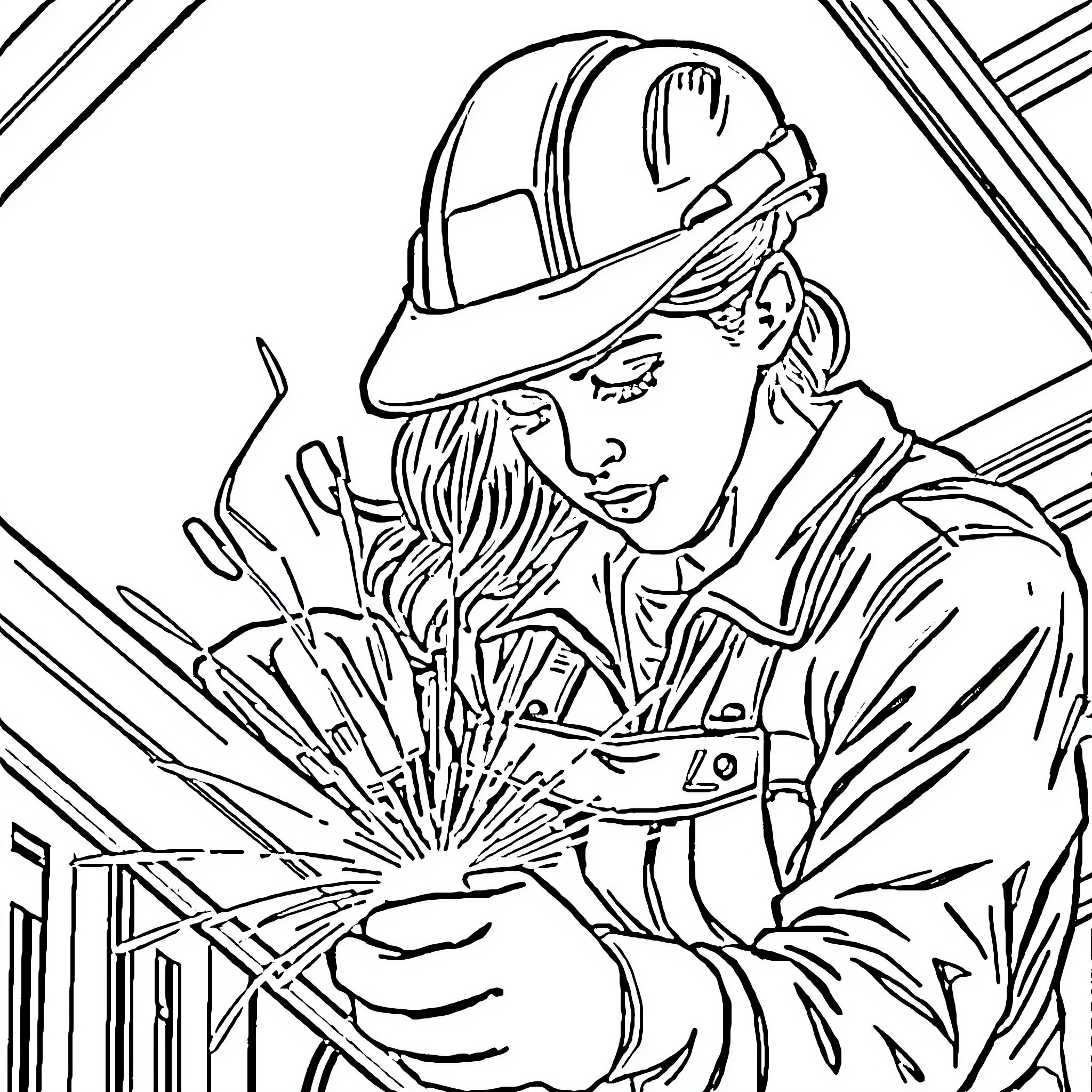 Ironworker wielding welding torch on construction site Coloring Page (free black-and-white line drawing printable PDF for all, from beginners to advanced learners, including children, teens, adults, and seniors)