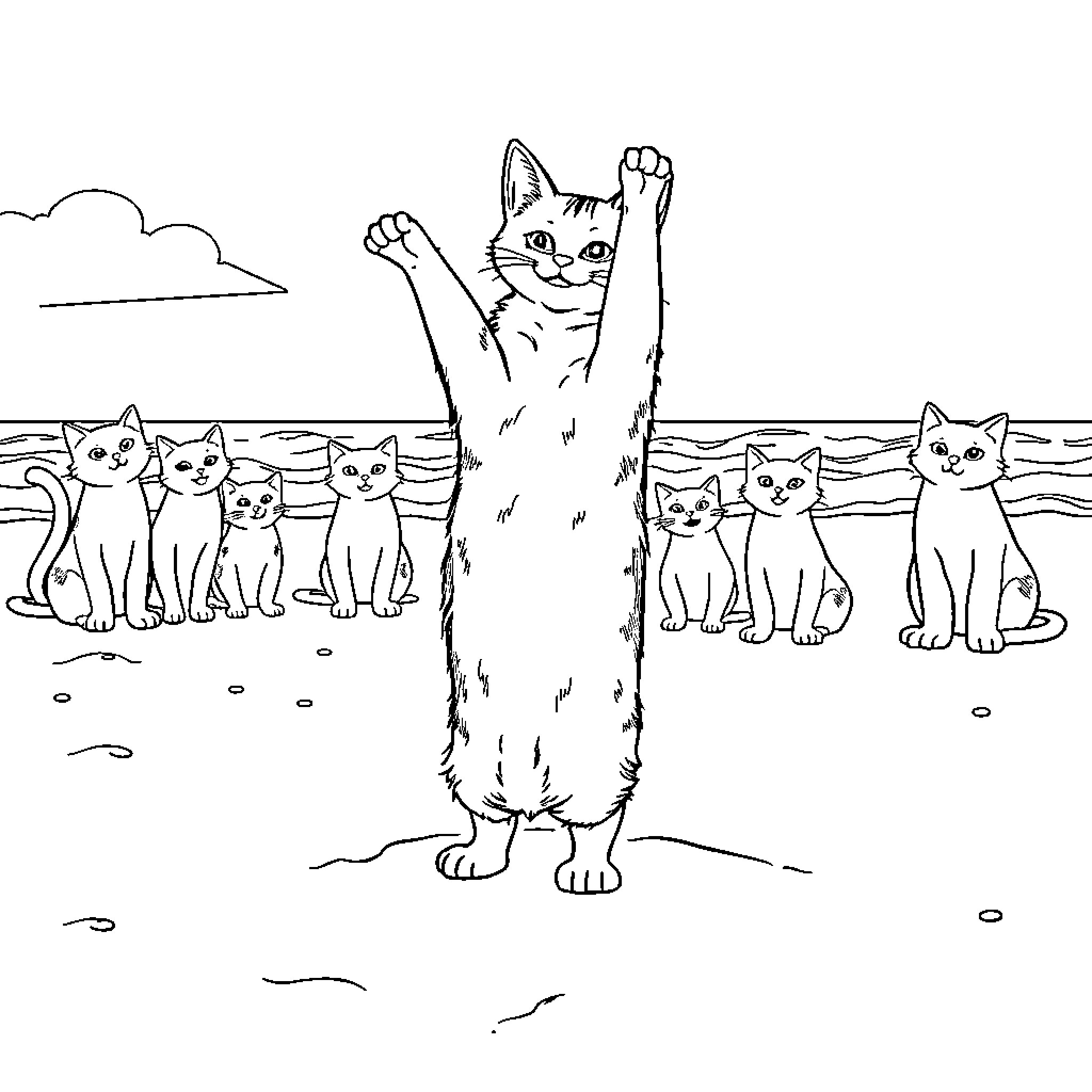 Cat posing with group of feline companions Coloring Page (free black-and-white line drawing printable PDF for all, from beginners to advanced learners, including children, teens, adults, and seniors)