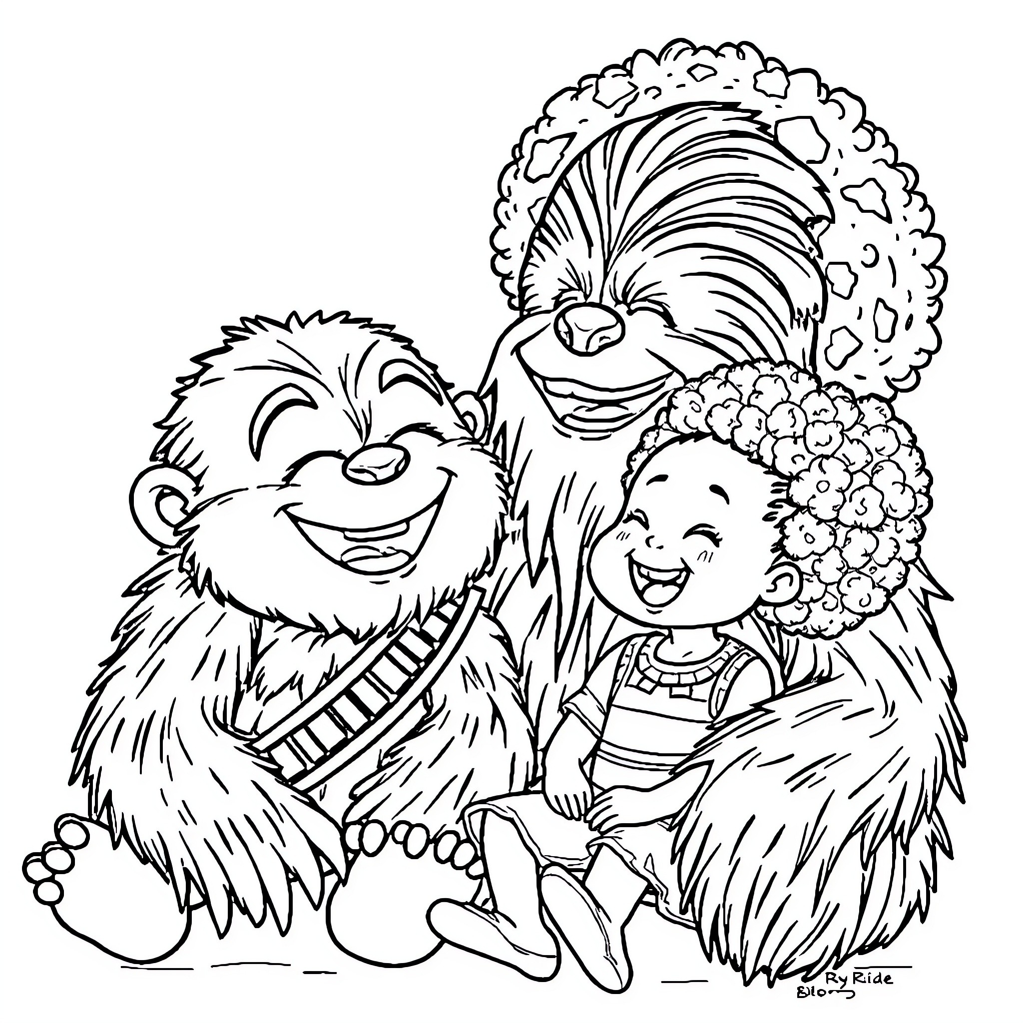 Grogu enjoying time with furry friends Coloring Page (free black-and-white line drawing printable PDF for all, from beginners to advanced learners, including children, teens, adults, and seniors)
