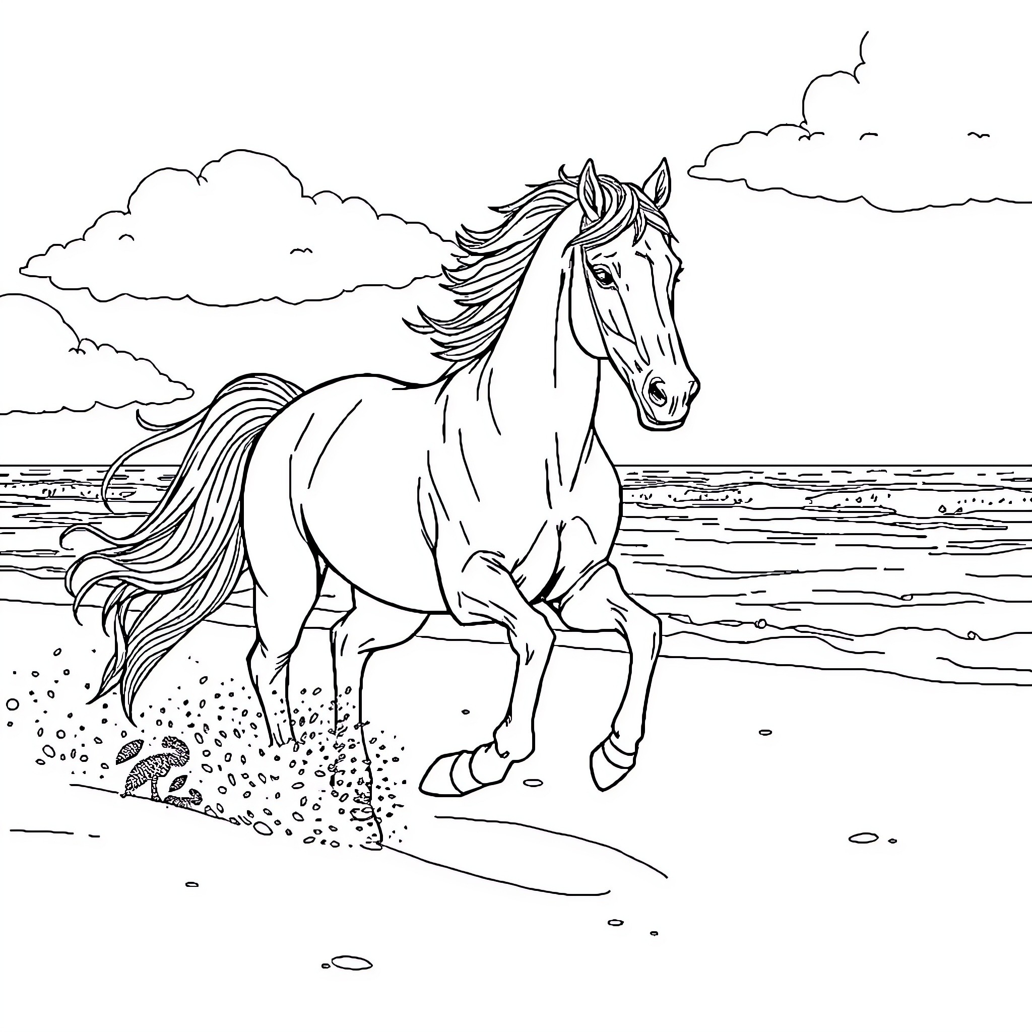 Horse galloping freely on the beach Coloring Page (free black-and-white line drawing printable PDF for all, from beginners to advanced learners, including children, teens, adults, and seniors)