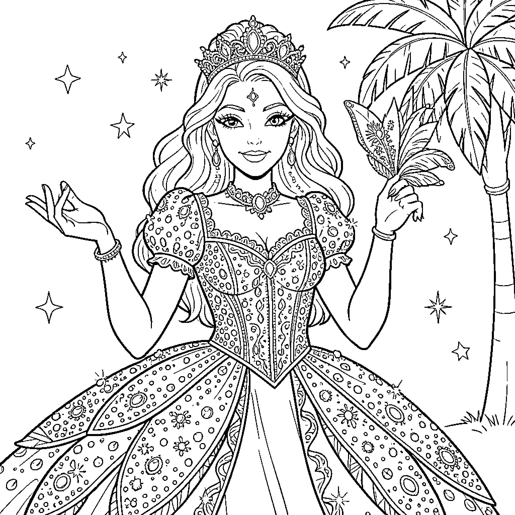 Princess Posing Gracefully in Ornate Gown Coloring Page (free black-and-white line drawing printable PDF for all, from beginners to advanced learners, including children, teens, adults, and seniors)