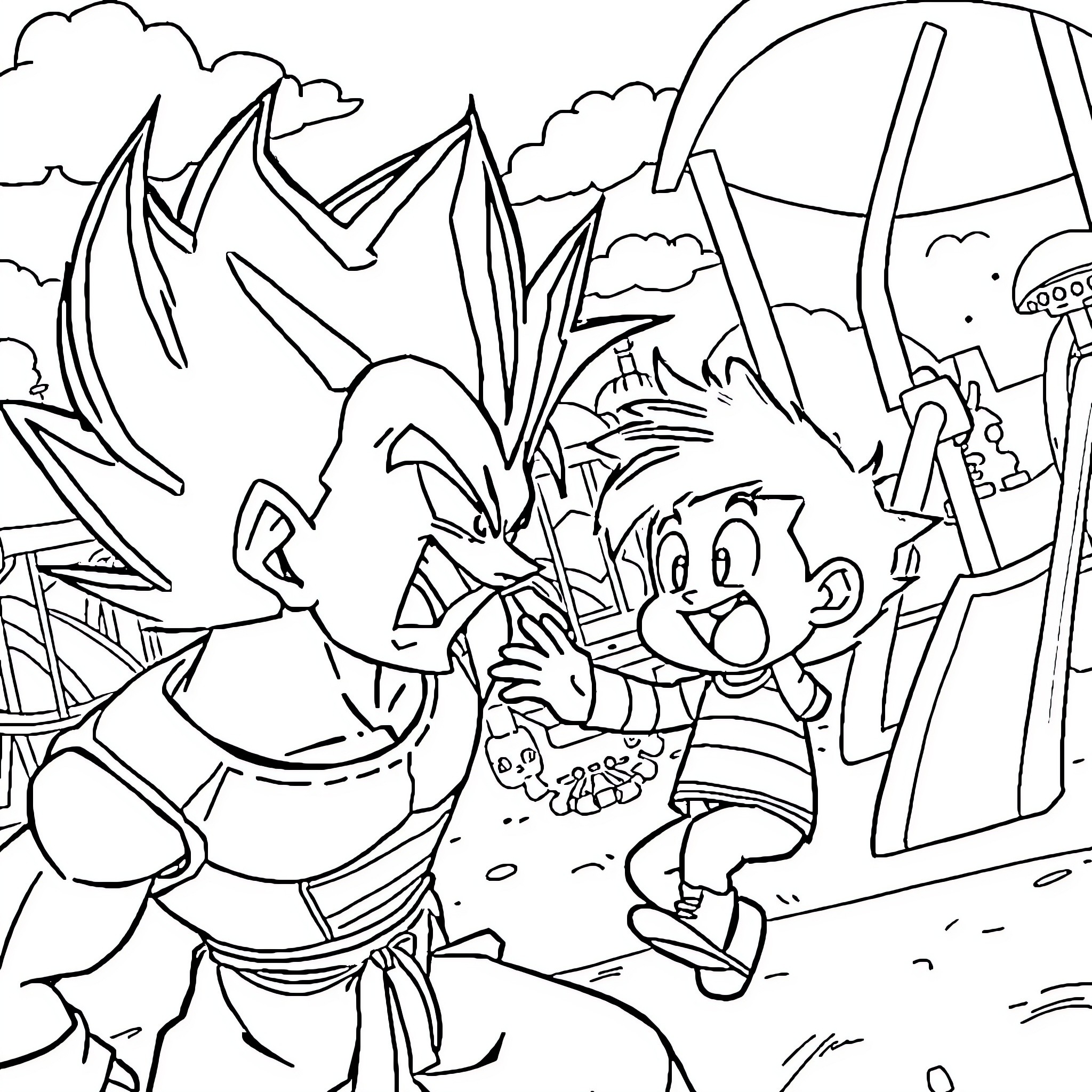 Vegeta facing off against a young boy in a lush, fantastical landscape Coloring Page (free black-and-white line drawing printable PDF for all, from beginners to advanced learners, including children, teens, adults, and seniors)