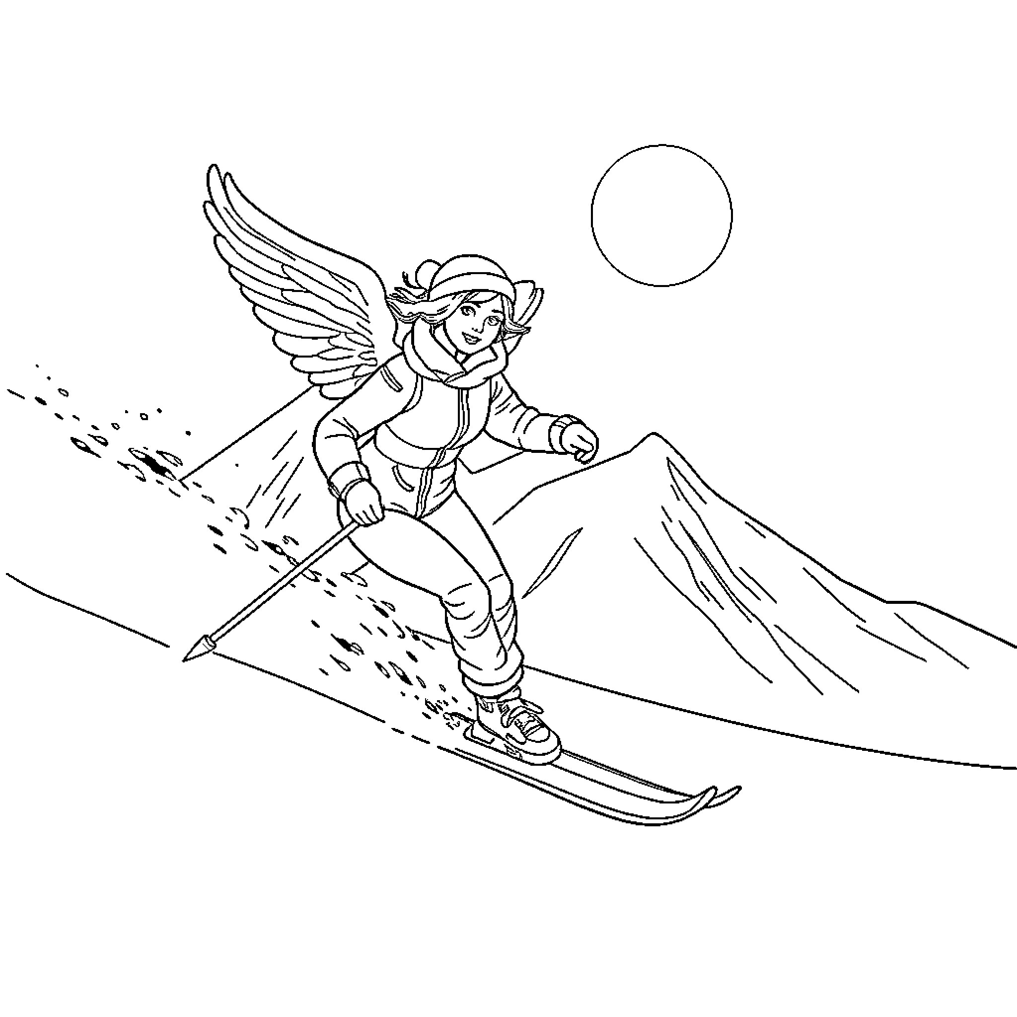 Angel on skis gliding down the slopes Coloring Page (free black-and-white line drawing printable PDF for all, from beginners to advanced learners, including children, teens, adults, and seniors)