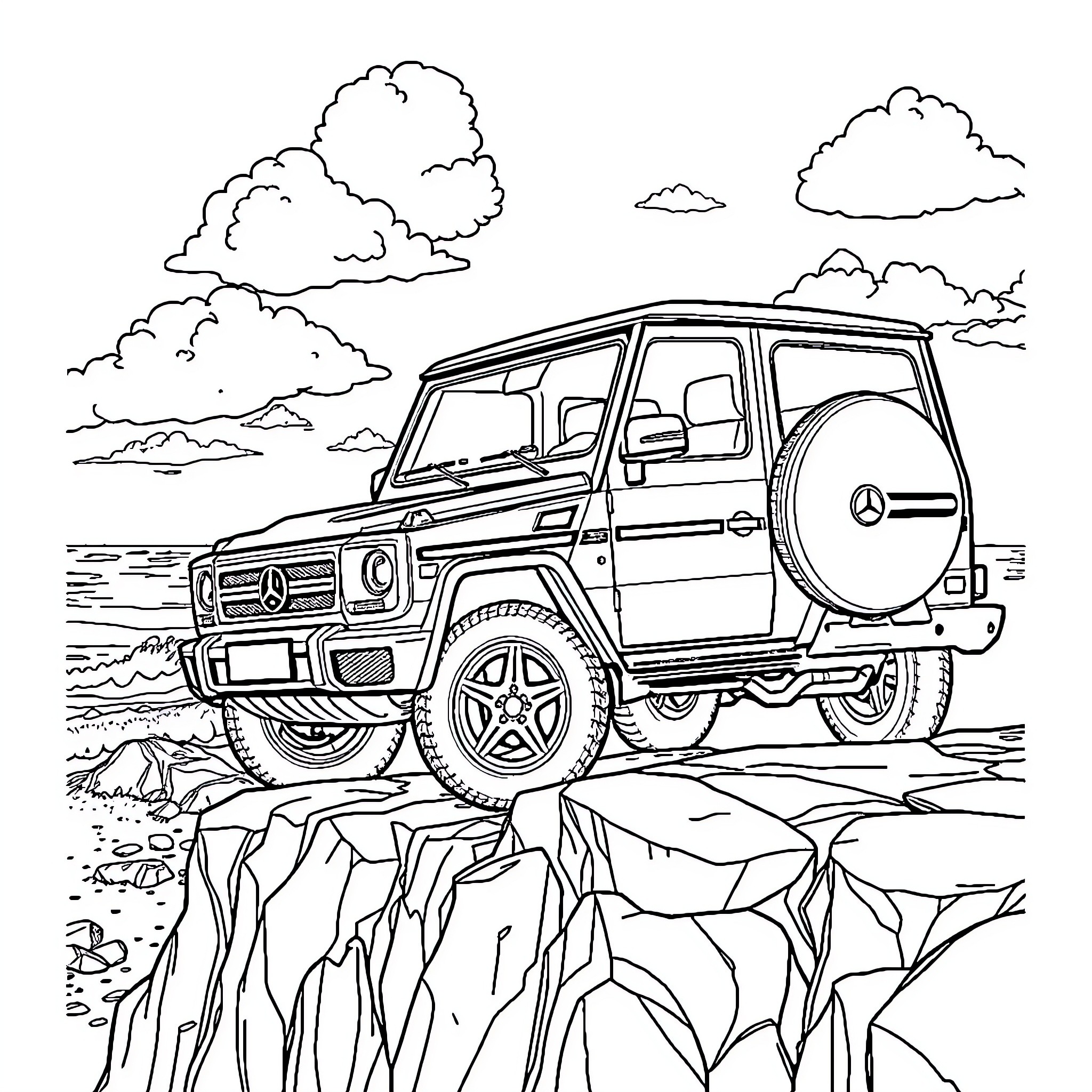 SUV traversing rugged terrain with dramatic sky Coloring Page (free black-and-white line drawing printable PDF for all, from beginners to advanced learners, including children, teens, adults, and seniors)