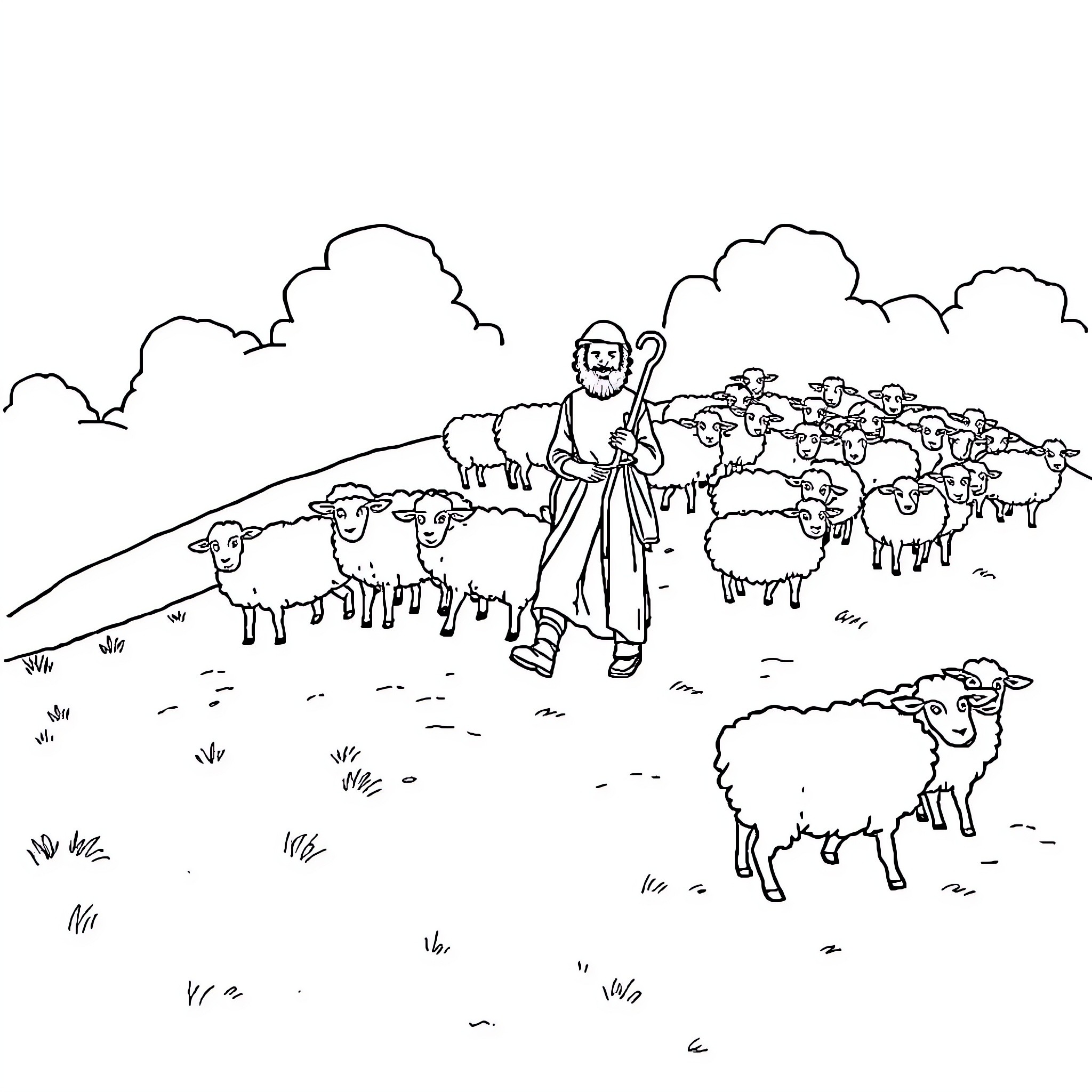 Shepherd leading a flock of sheep in the countryside Coloring Page (free black-and-white line drawing printable PDF for all, from beginners to advanced learners, including children, teens, adults, and seniors)