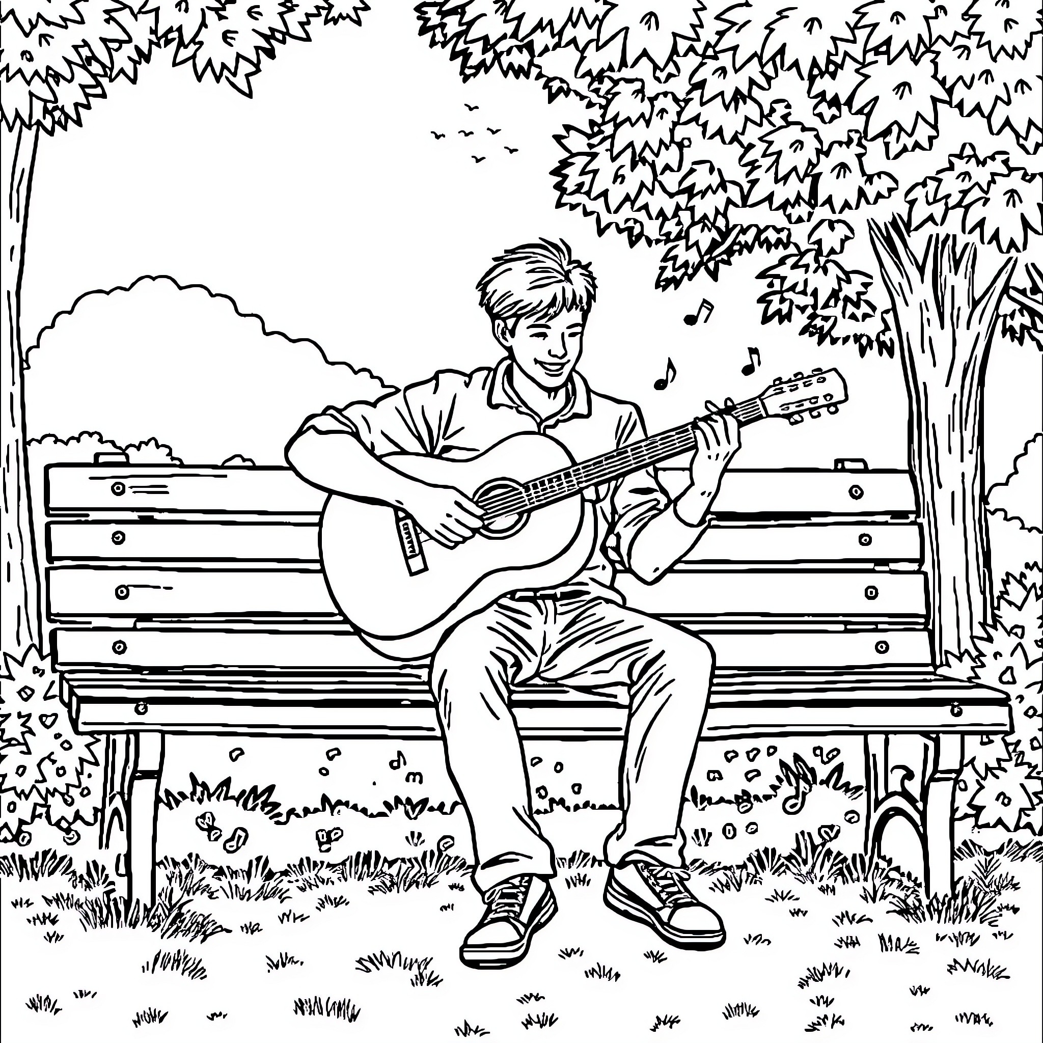 Guy playing guitar on park bench Coloring Page (free black-and-white line drawing printable PDF for all, from beginners to advanced learners, including children, teens, adults, and seniors)