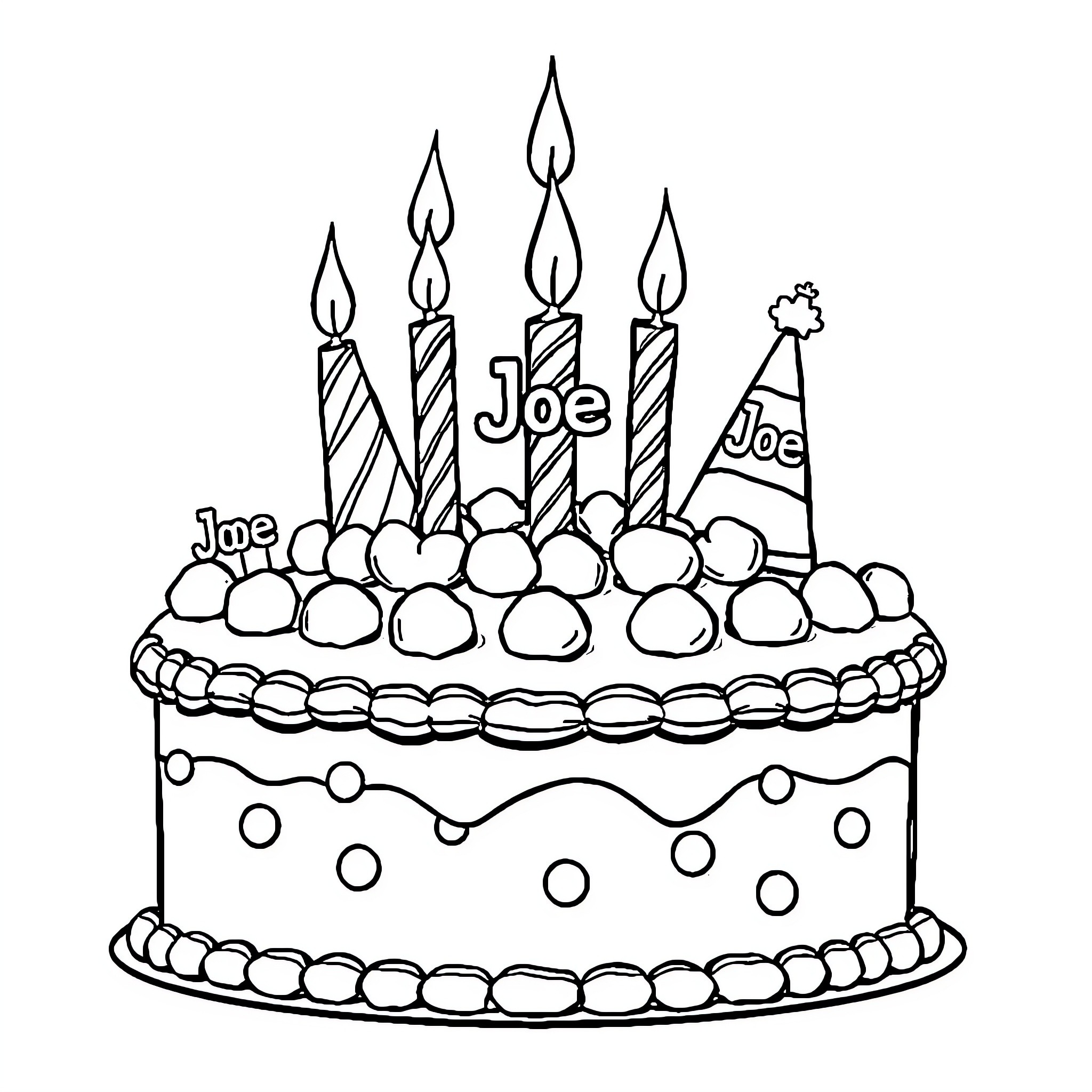 Birthday Cake with Lit Candles and Party Hats Coloring Page (free black-and-white line drawing printable PDF for all, from beginners to advanced learners, including children, teens, adults, and seniors)