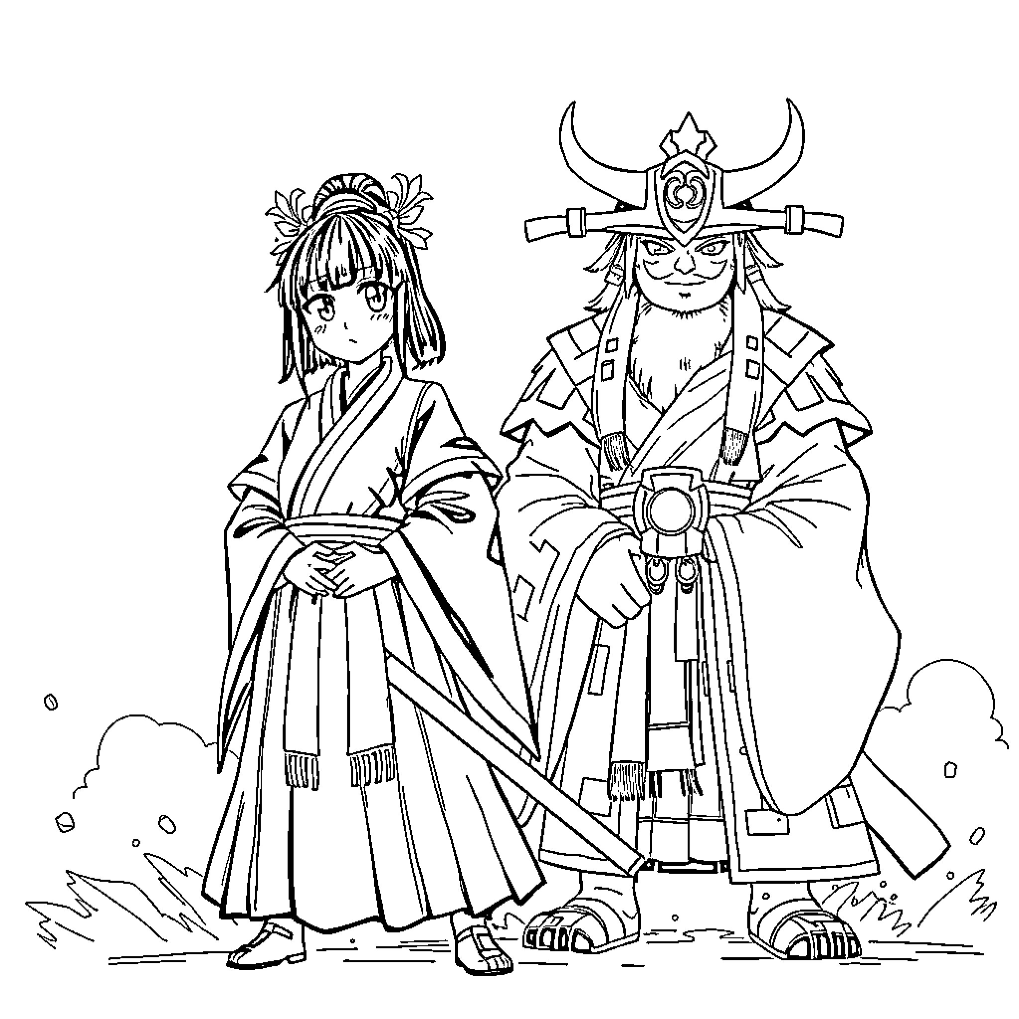 Megumi Fushiguro and a mysterious armored companion Coloring Page (free black-and-white line drawing printable PDF for all, from beginners to advanced learners, including children, teens, adults, and seniors)