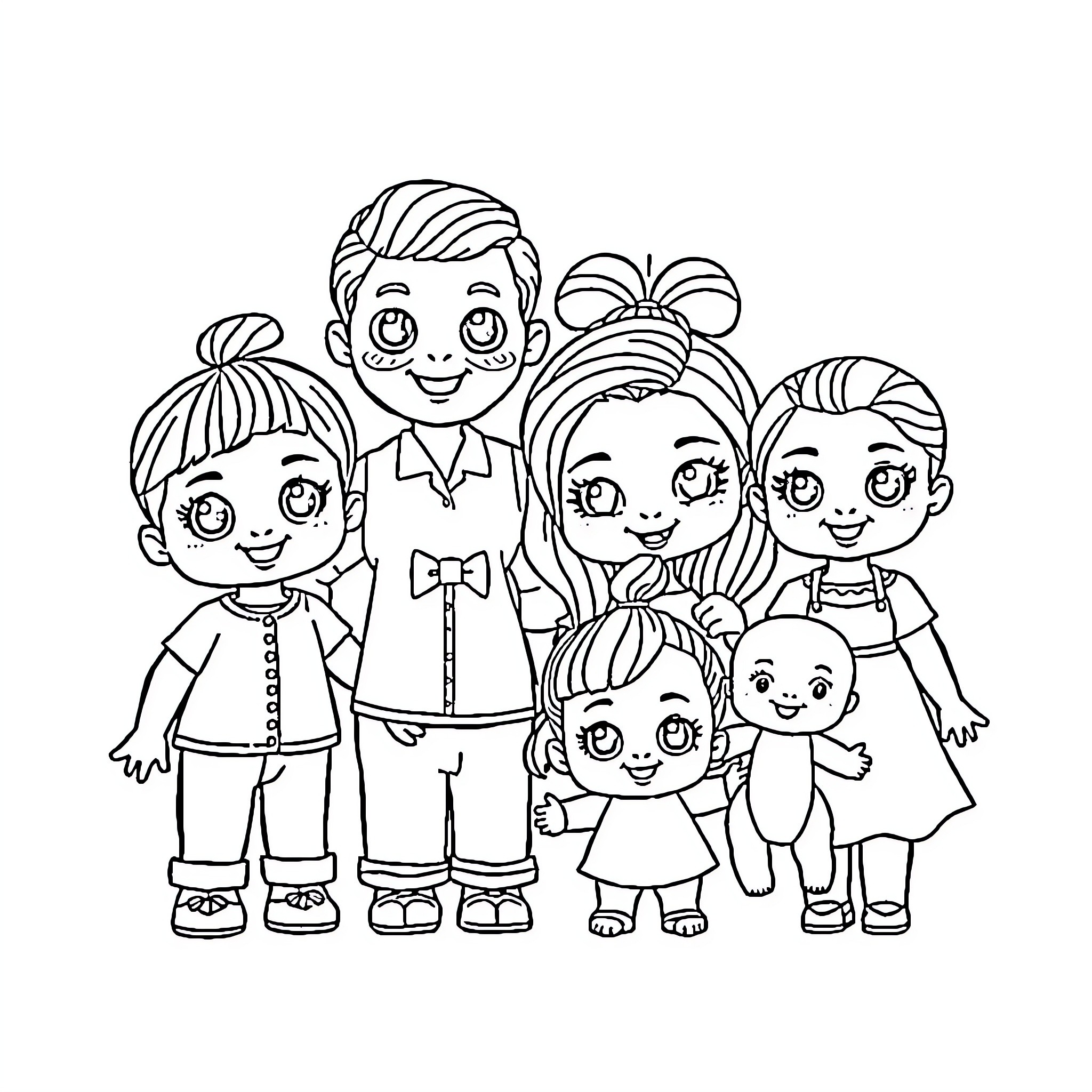 Lol Doll Family in Cute Outfits Coloring Page (free black-and-white line drawing printable PDF for all, from beginners to advanced learners, including children, teens, adults, and seniors)