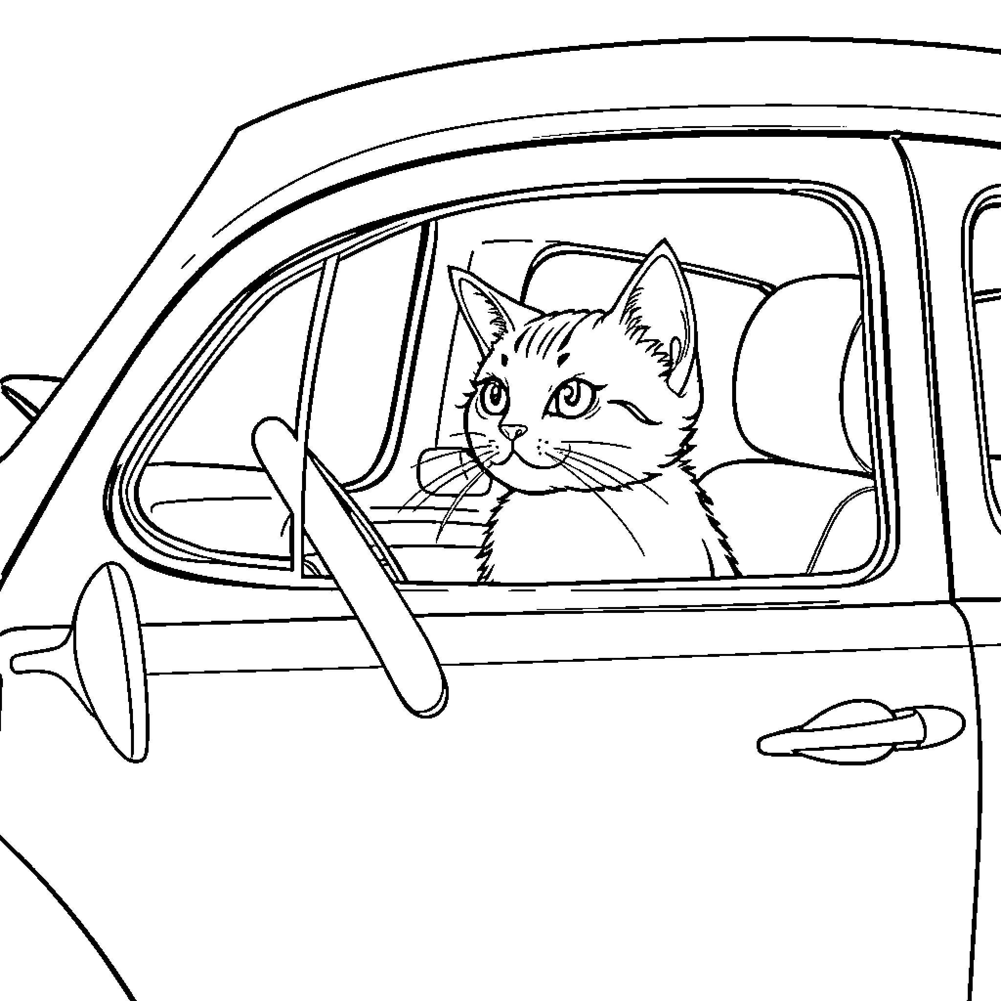 Cat riding in a car Coloring Page (free black-and-white line drawing printable PDF for all, from beginners to advanced learners, including children, teens, adults, and seniors)