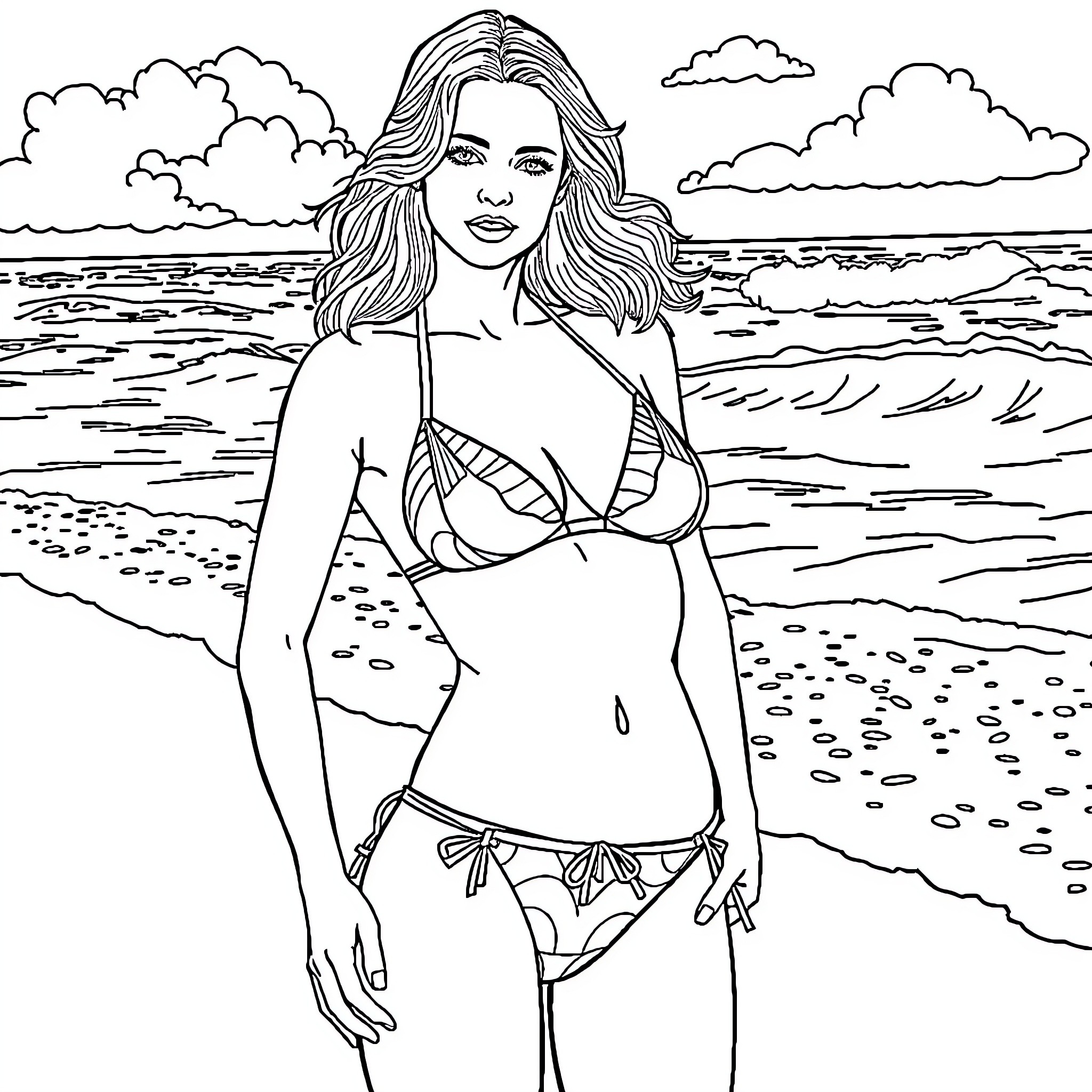 Keira Knightley posing confidently on the beach Coloring Page (free black-and-white line drawing printable PDF for all, from beginners to advanced learners, including children, teens, adults, and seniors)