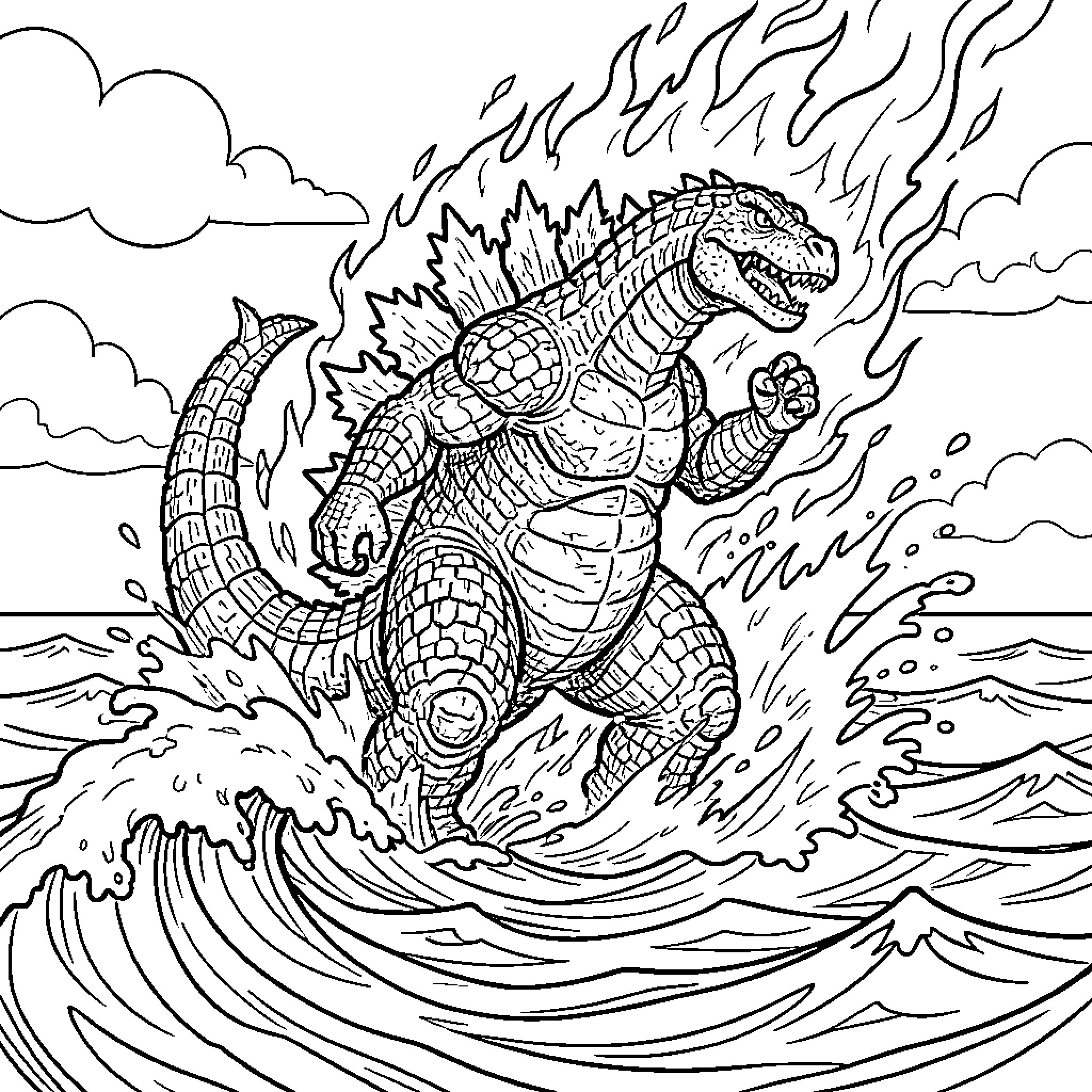 Godzilla Rampaging Through Stormy Waves Coloring Page (free black-and-white line drawing printable PDF for all, from beginners to advanced learners, including children, teens, adults, and seniors)