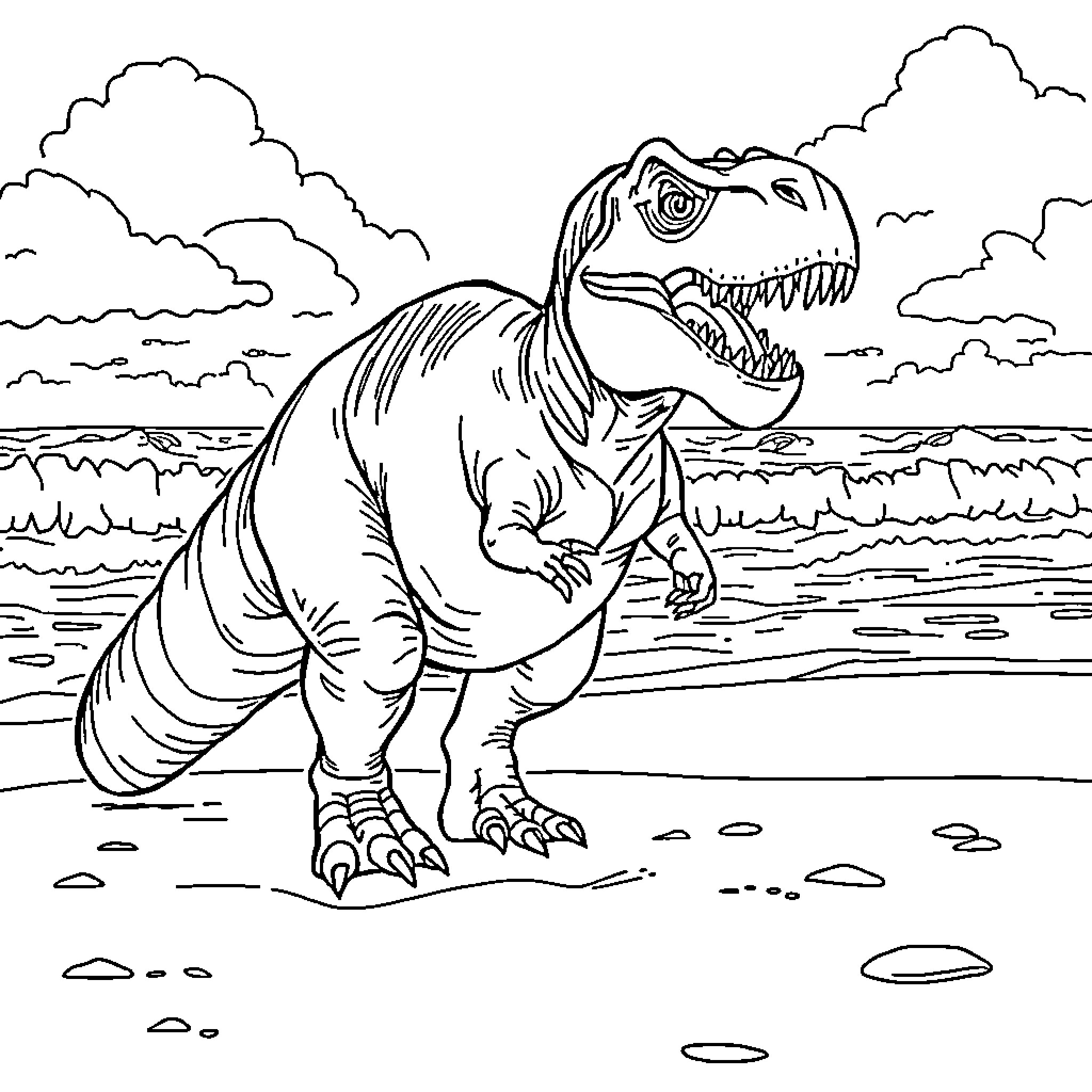 Tyrannosaurus roaring in prehistoric landscape Coloring Page (free black-and-white line drawing printable PDF for all, from beginners to advanced learners, including children, teens, adults, and seniors)
