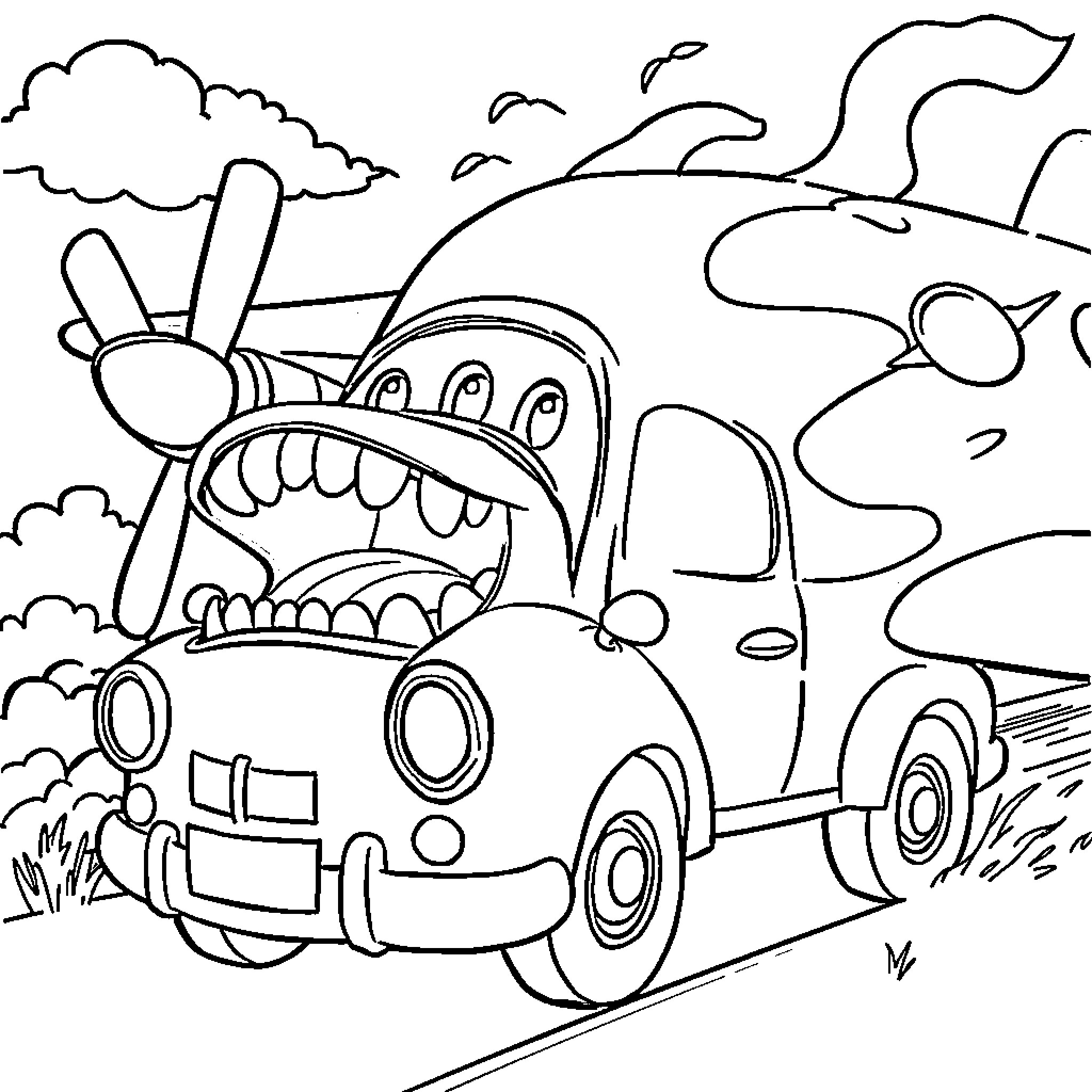 Car with a Funny Face Driving on a Scenic Road Coloring Page (free black-and-white line drawing printable PDF for all, from beginners to advanced learners, including children, teens, adults, and seniors)