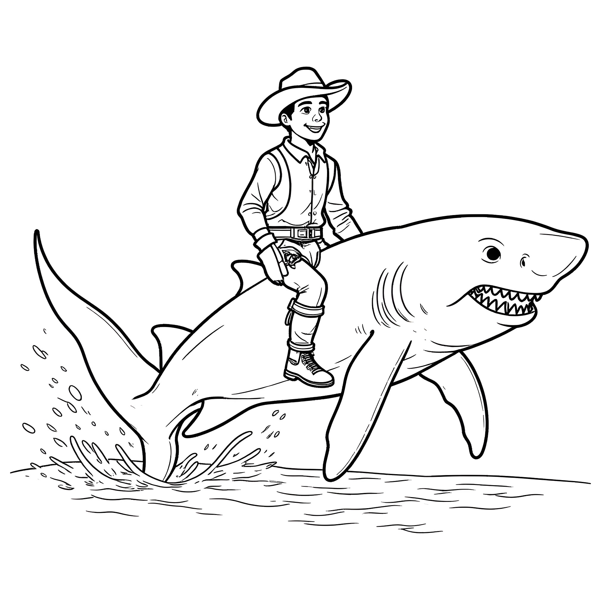 Cowboy riding a fierce shark in the wild Coloring Page (free black-and-white line drawing printable PDF for all, from beginners to advanced learners, including children, teens, adults, and seniors)