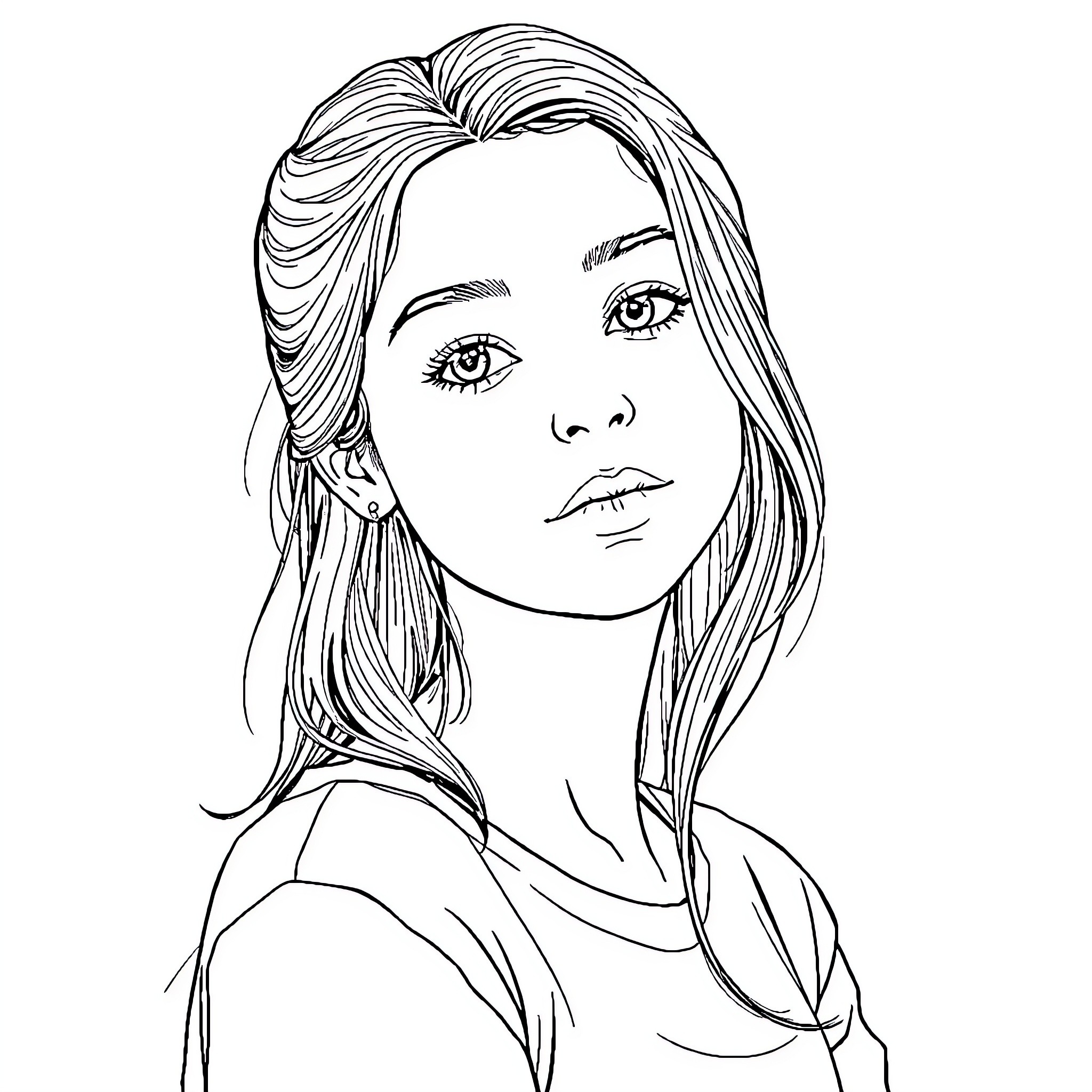 Girl with long, flowing hair and thoughtful expression Coloring Page (free black-and-white line drawing printable PDF for all, from beginners to advanced learners, including children, teens, adults, and seniors)