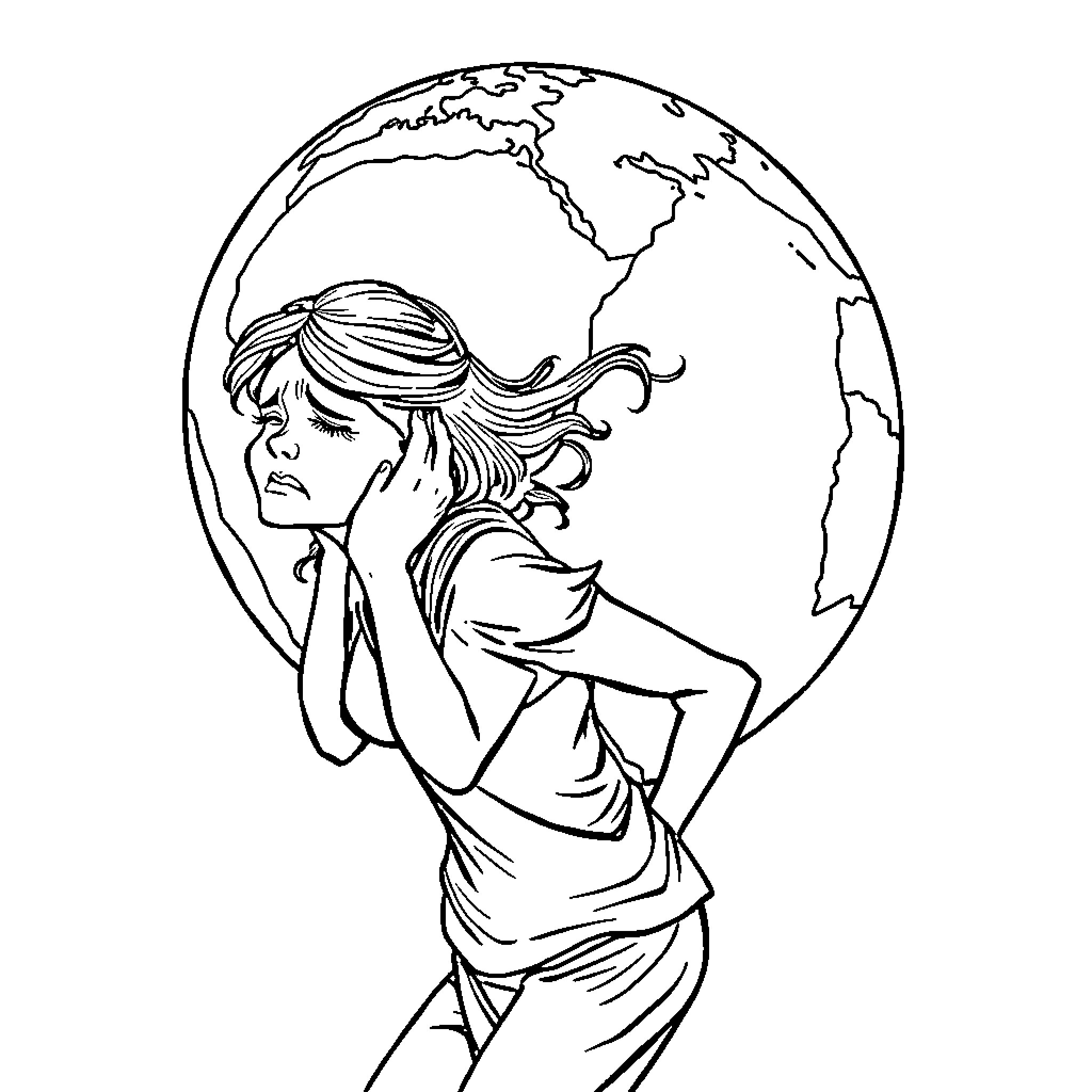 Woman embracing the world in her arms Coloring Page (free black-and-white line drawing printable PDF for all, from beginners to advanced learners, including children, teens, adults, and seniors)
