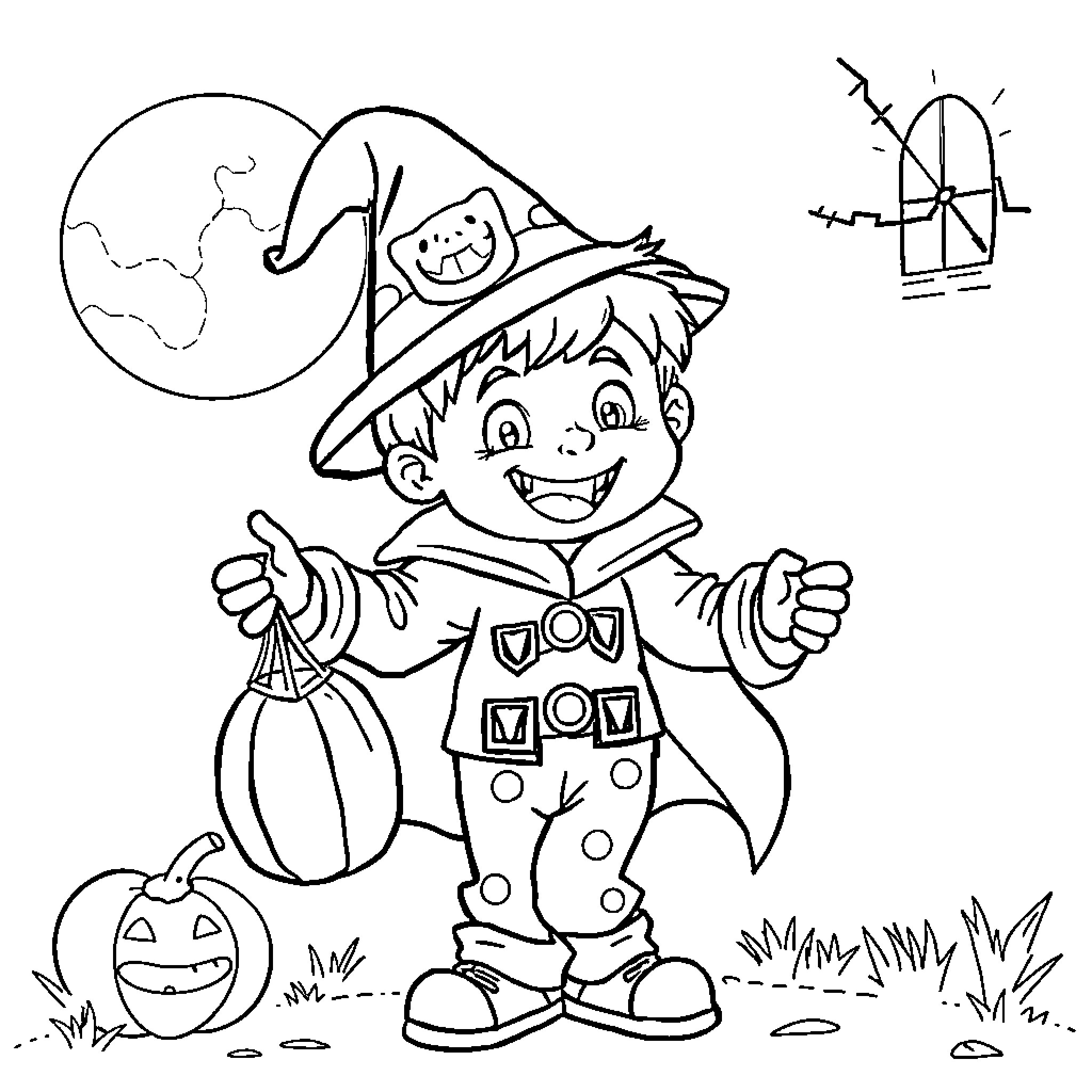 Boy dressed as witch in Halloween scene Coloring Page (free black-and-white line drawing printable PDF for all, from beginners to advanced learners, including children, teens, adults, and seniors)