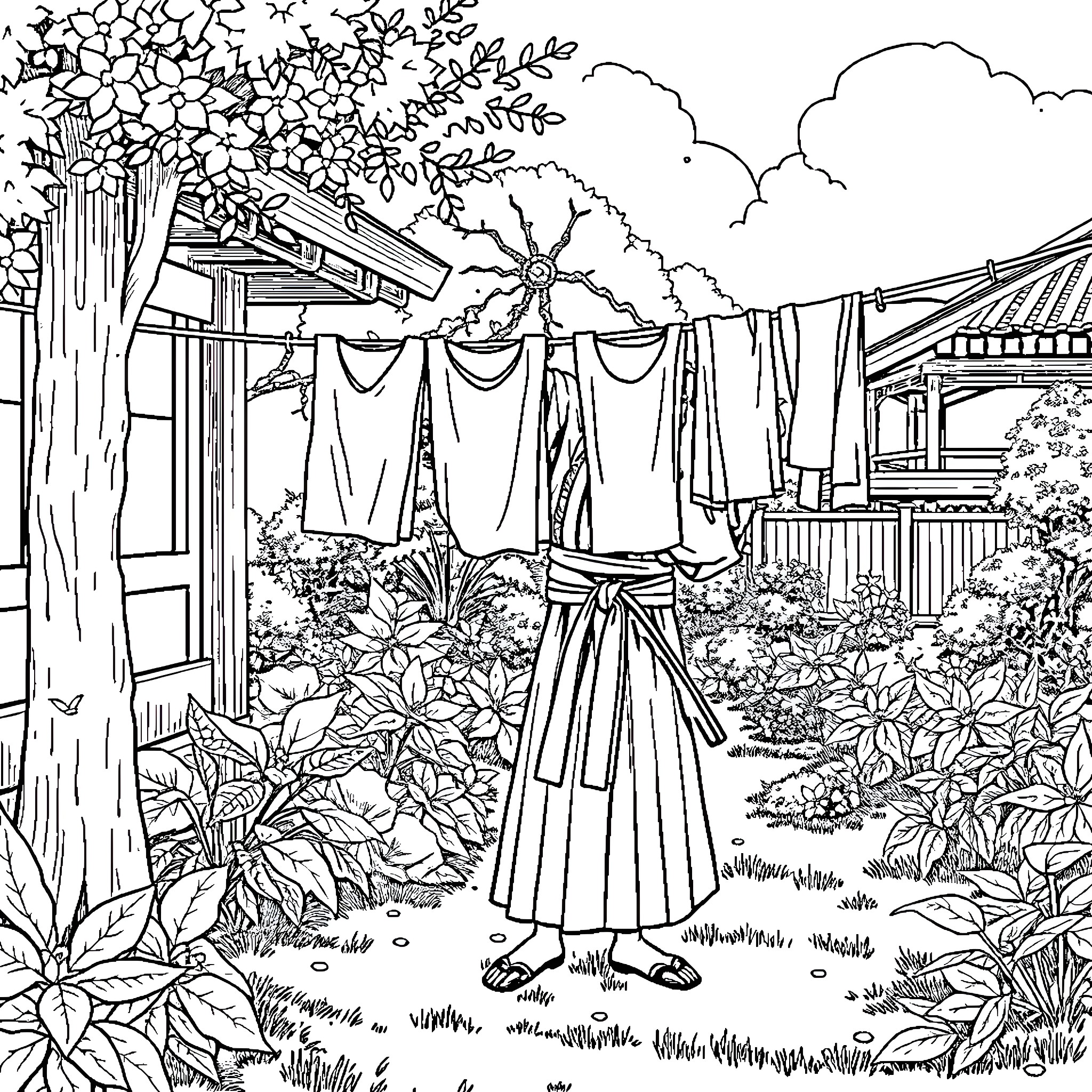 Samurai Warrior in Traditional Outdoor Setting Coloring Page (free black-and-white line drawing printable PDF for all, from beginners to advanced learners, including children, teens, adults, and seniors)
