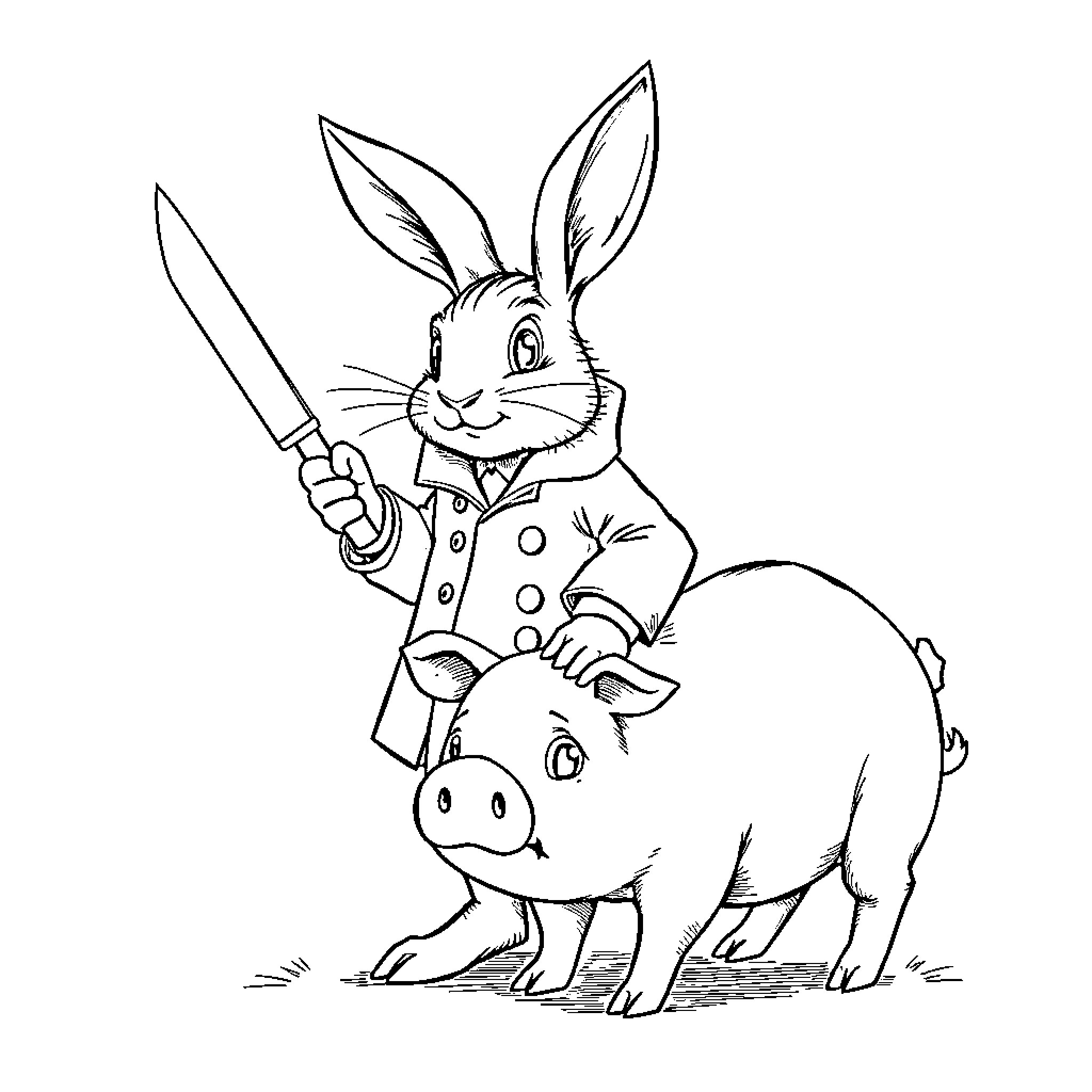 Rabbit chef cooking with pet pig Coloring Page (free black-and-white line drawing printable PDF for all, from beginners to advanced learners, including children, teens, adults, and seniors)