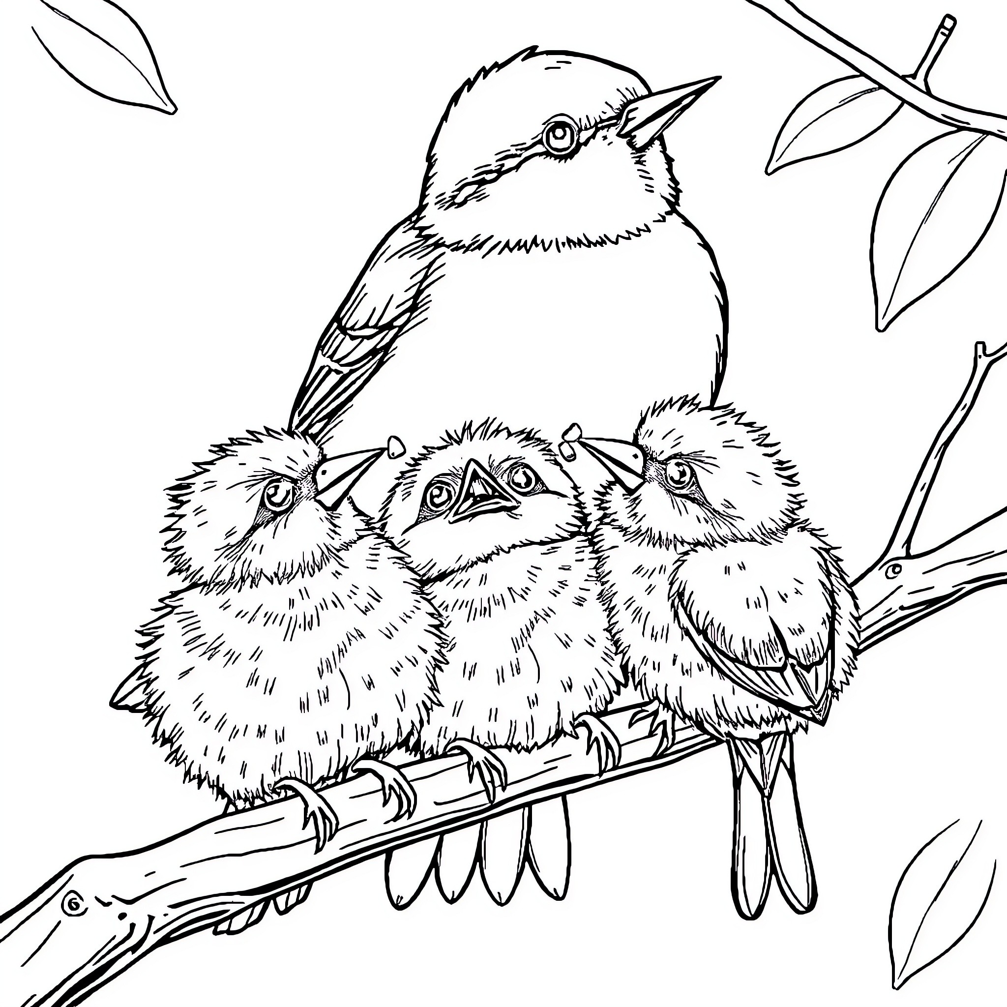Bird family resting on branch Coloring Page (free black-and-white line drawing printable PDF for all, from beginners to advanced learners, including children, teens, adults, and seniors)