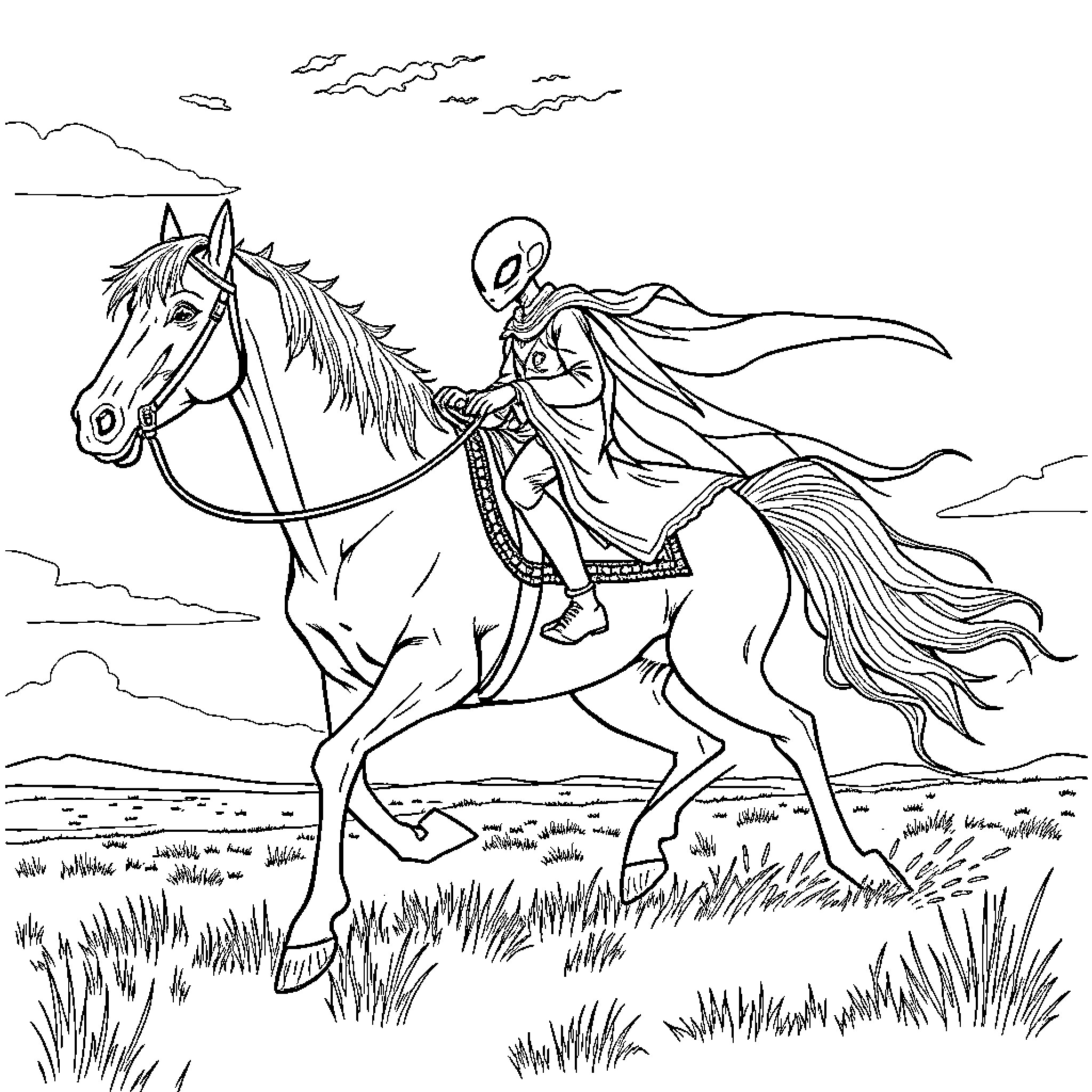 Alien knight riding a majestic steed across the plains Coloring Page (free black-and-white line drawing printable PDF for all, from beginners to advanced learners, including children, teens, adults, and seniors)