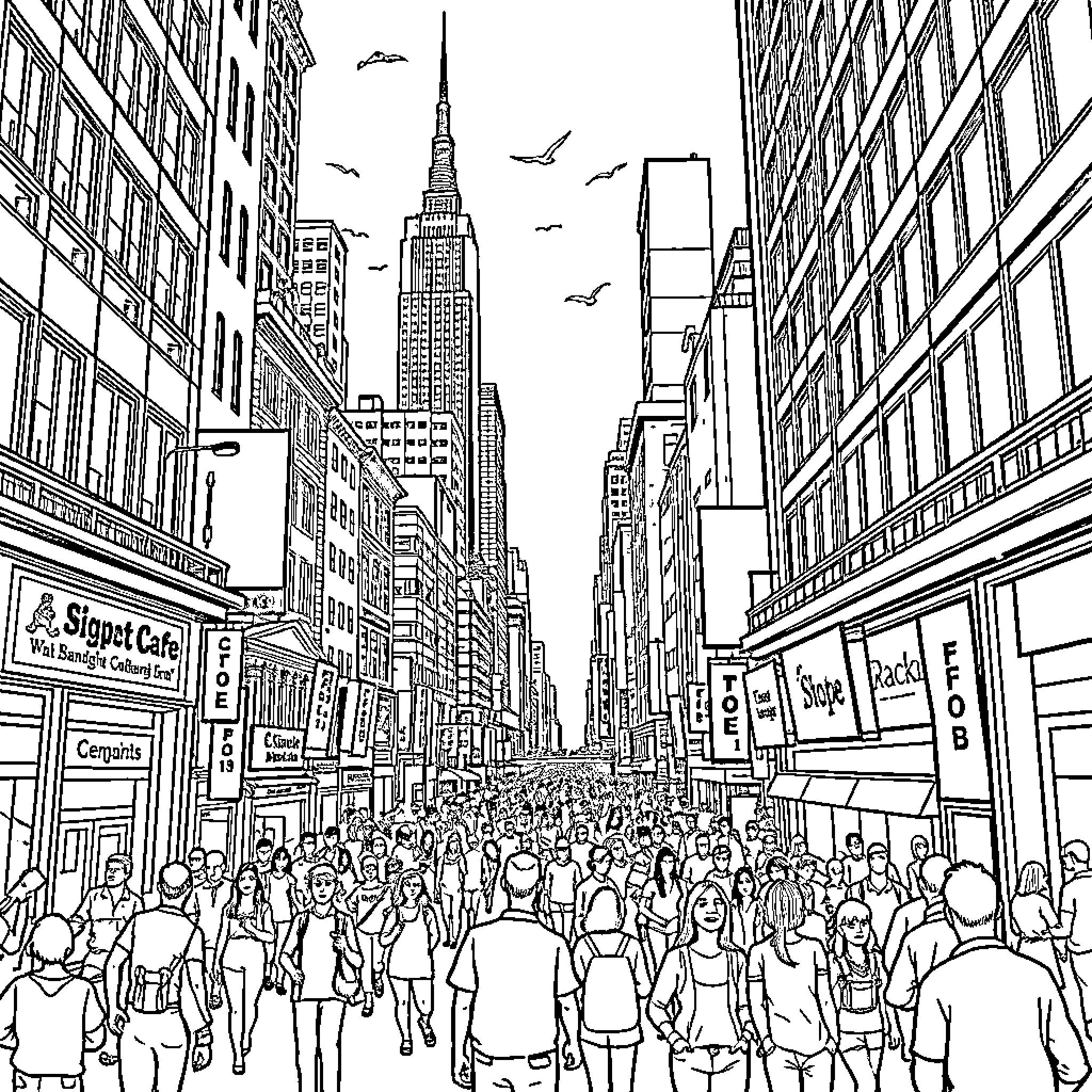 Urban Cityscape with Bustling Crowd and Skyscrapers Coloring Page (free black-and-white line drawing printable PDF for all, from beginners to advanced learners, including children, teens, adults, and seniors)