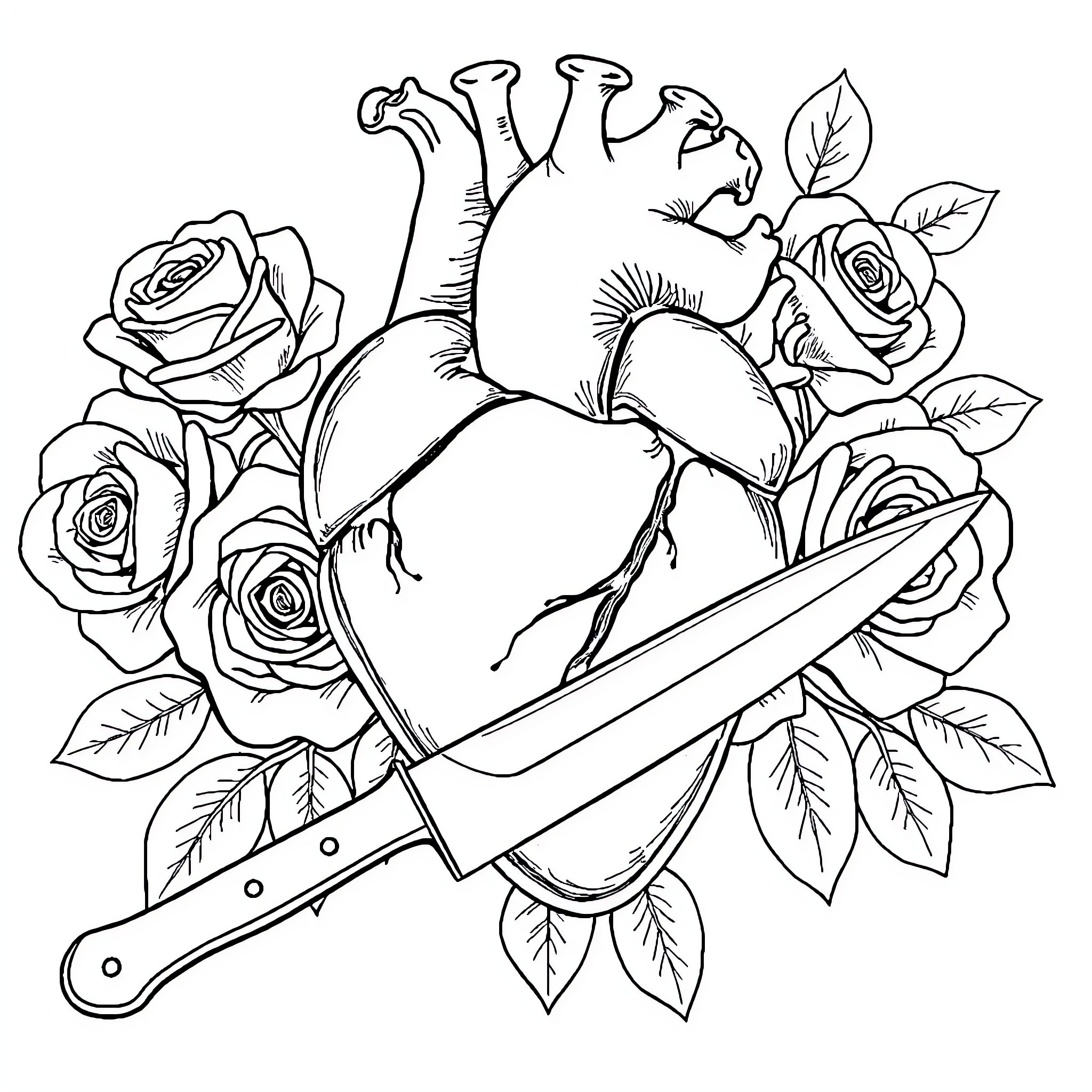 Heart Embraced by Roses and Knife Coloring Page (free black-and-white line drawing printable PDF for all, from beginners to advanced learners, including children, teens, adults, and seniors)