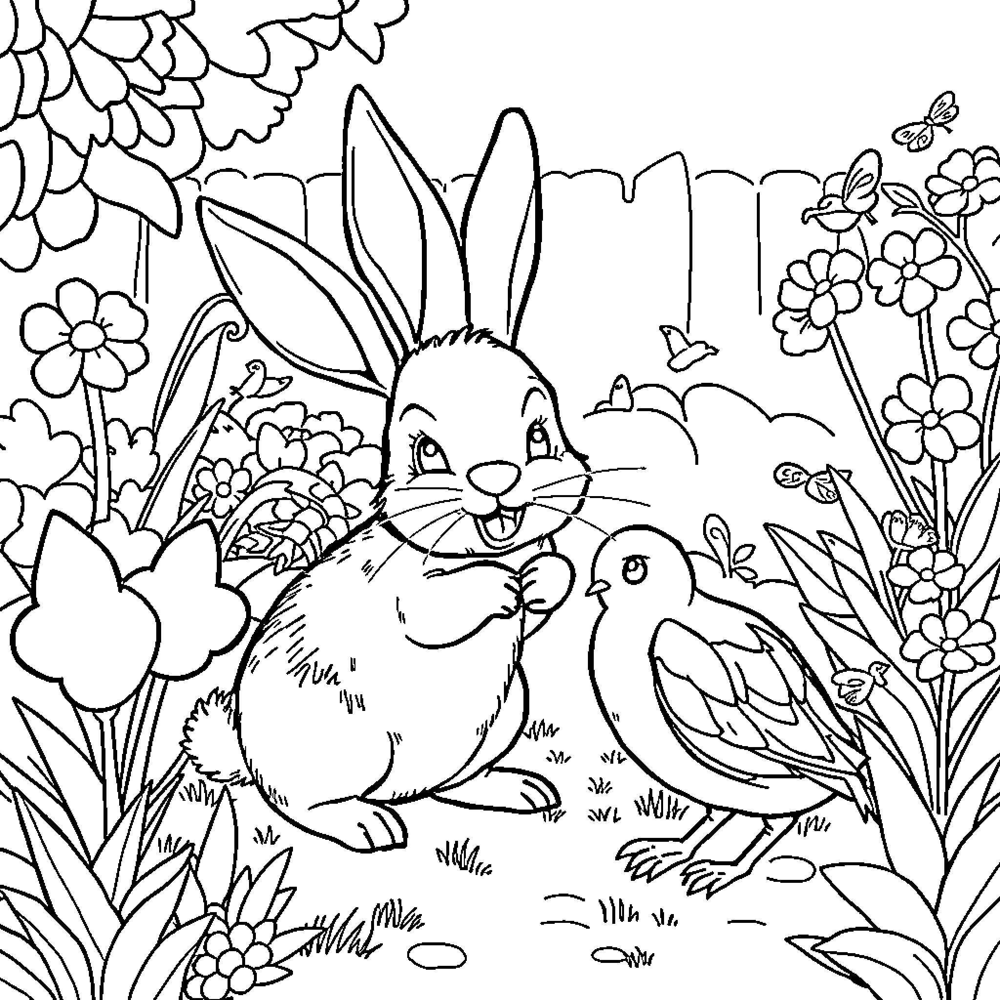 Rabbit and bird playing in garden with flowers Coloring Page (free black-and-white line drawing printable PDF for all, from beginners to advanced learners, including children, teens, adults, and seniors)