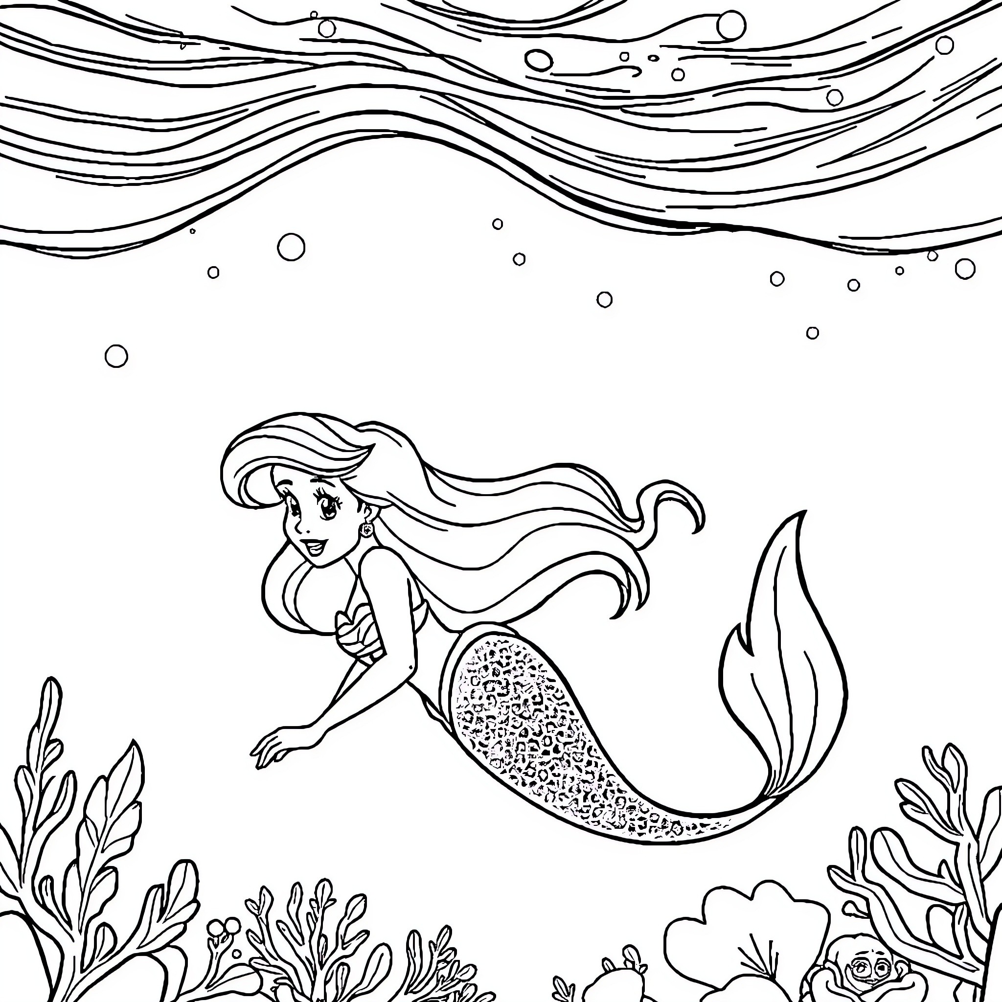 Ariel swimming gracefully in the underwater world Coloring Page (free black-and-white line drawing printable PDF for all, from beginners to advanced learners, including children, teens, adults, and seniors)