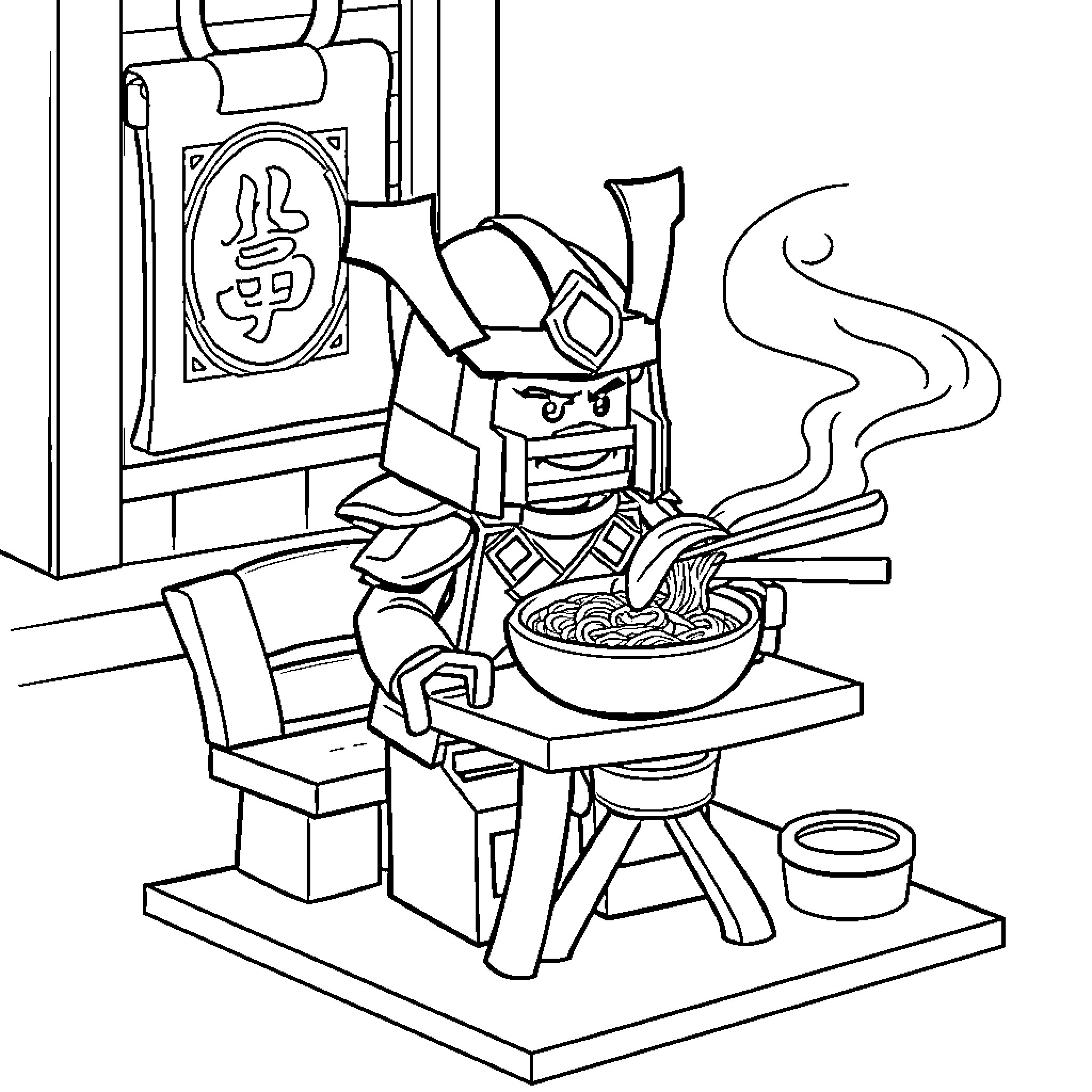 Lego Samurai Preparing Traditional Meal Coloring Page (free black-and-white line drawing printable PDF for all, from beginners to advanced learners, including children, teens, adults, and seniors)