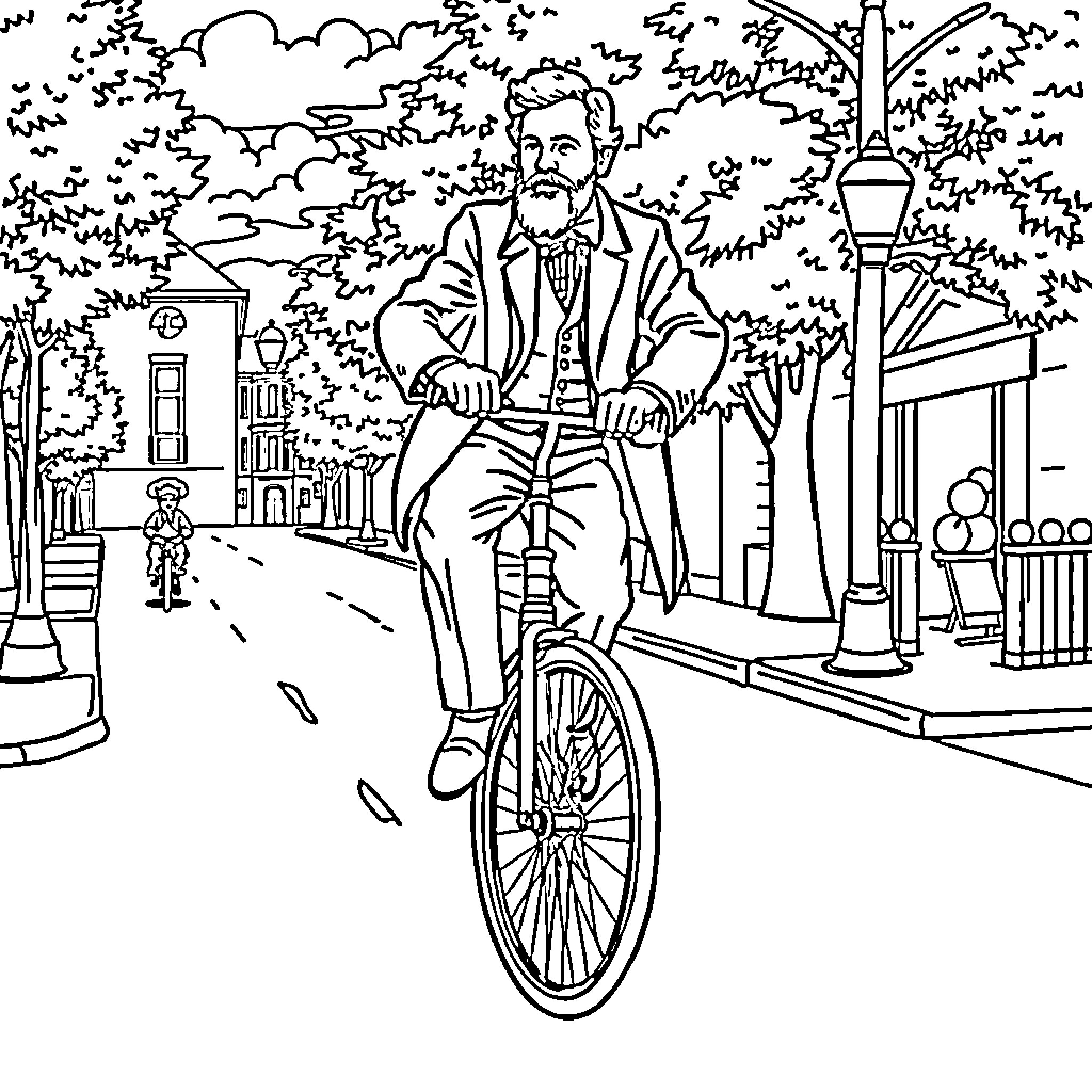 Charles Spurgeon riding a bicycle on a city street Coloring Page (free black-and-white line drawing printable PDF for all, from beginners to advanced learners, including children, teens, adults, and seniors)