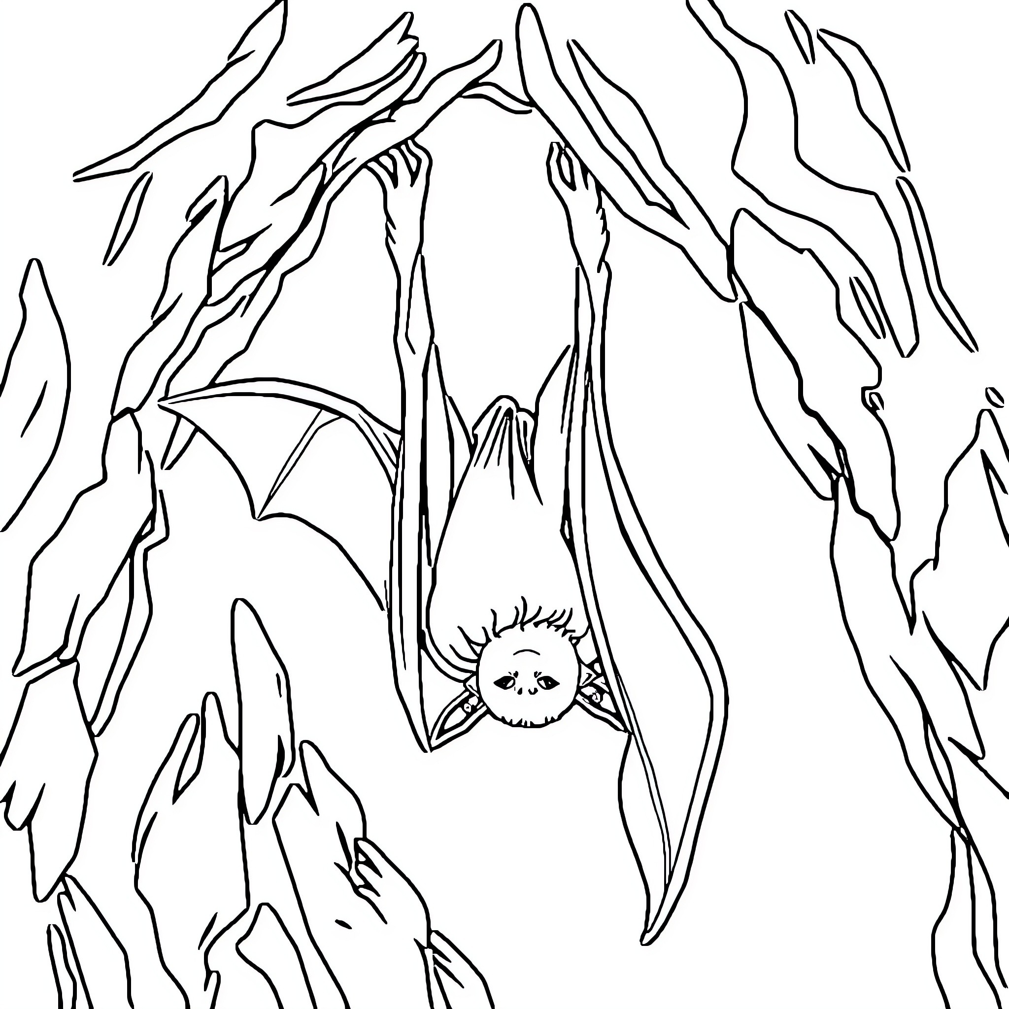 Bat hanging upside down in dark cave Coloring Page (free black-and-white line drawing printable PDF for all, from beginners to advanced learners, including children, teens, adults, and seniors)