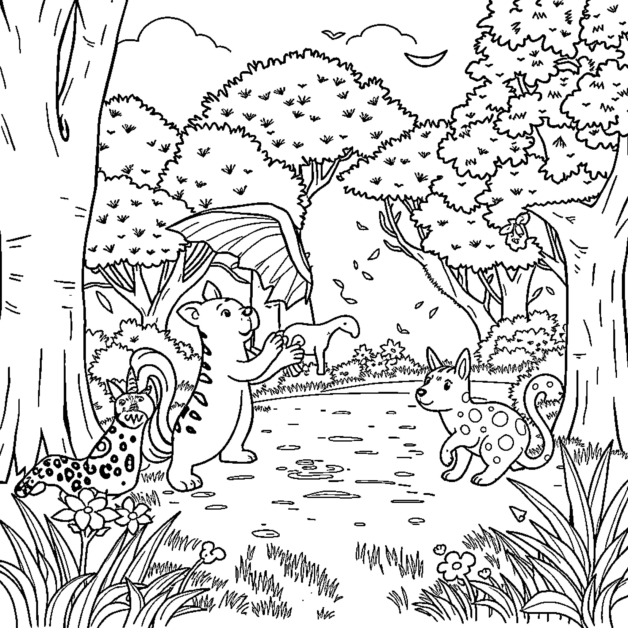Animal friends exploring the forest Coloring Page (free black-and-white line drawing printable PDF for all, from beginners to advanced learners, including children, teens, adults, and seniors)