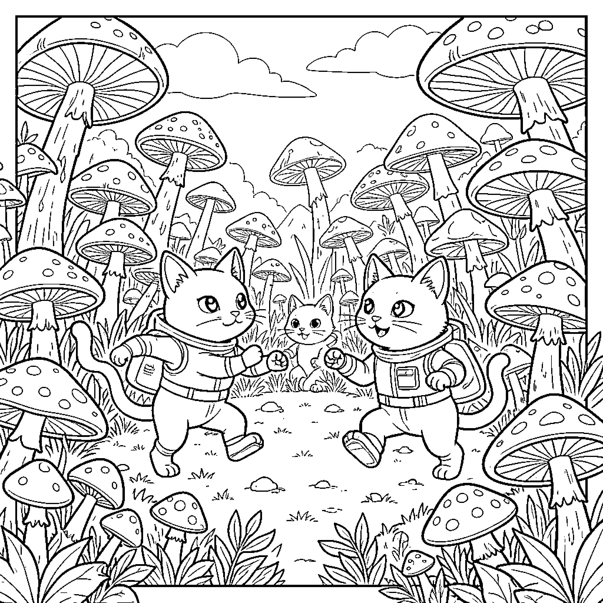 Gato Cats Exploring Magical Mushroom Forest Coloring Page (free black-and-white line drawing printable PDF for all, from beginners to advanced learners, including children, teens, adults, and seniors)