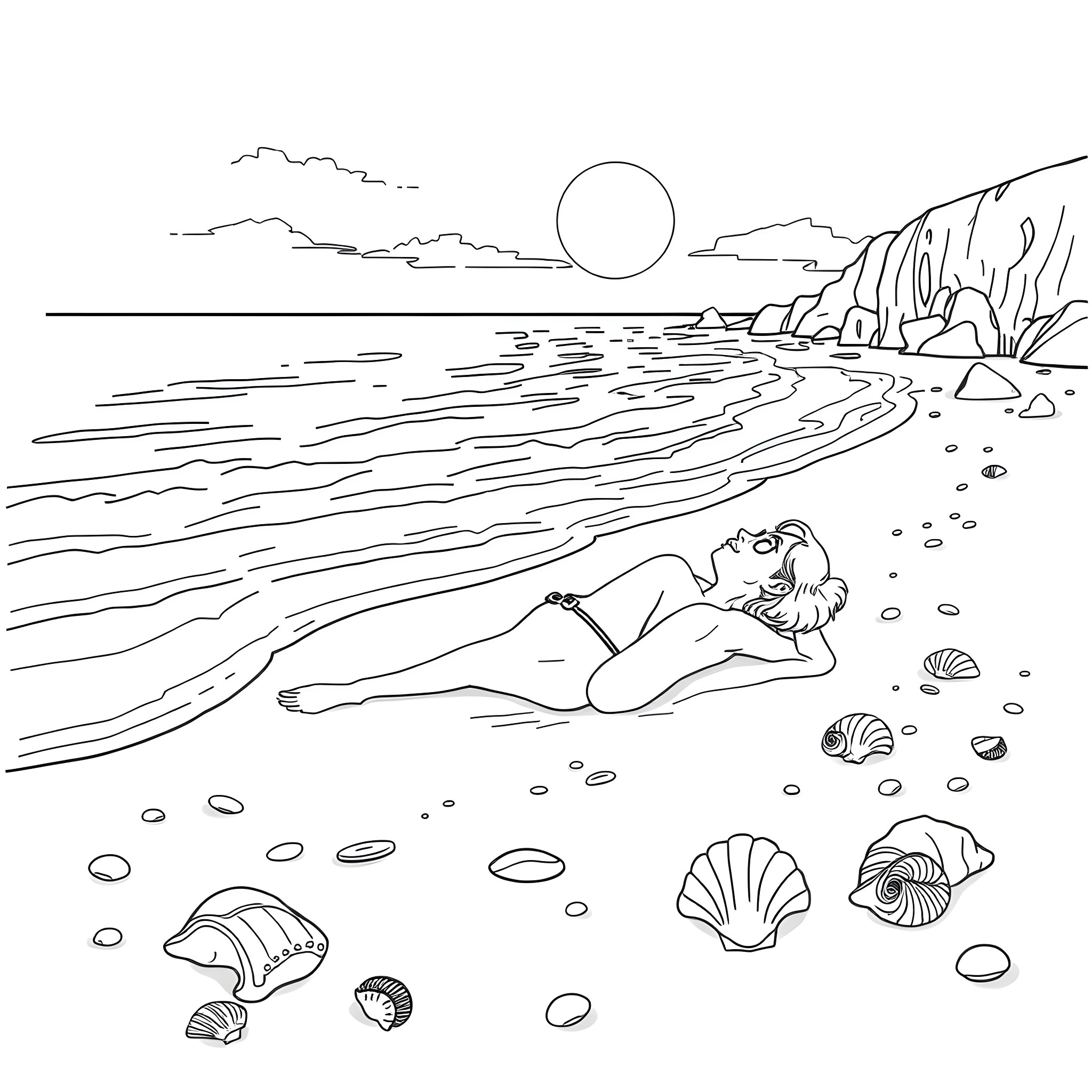 REM Mermaid relaxing on the beach Coloring Page (free black-and-white line drawing printable PDF for all, from beginners to advanced learners, including children, teens, adults, and seniors)