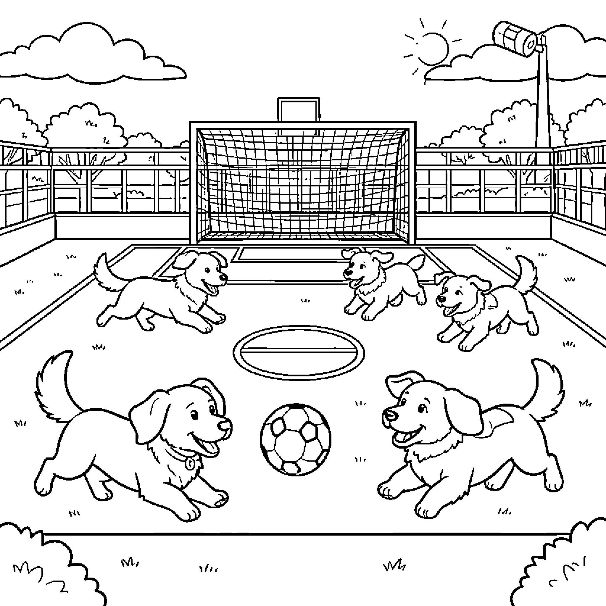 Dog playing soccer together on a field Coloring Page (free black-and-white line drawing printable PDF for all, from beginners to advanced learners, including children, teens, adults, and seniors)