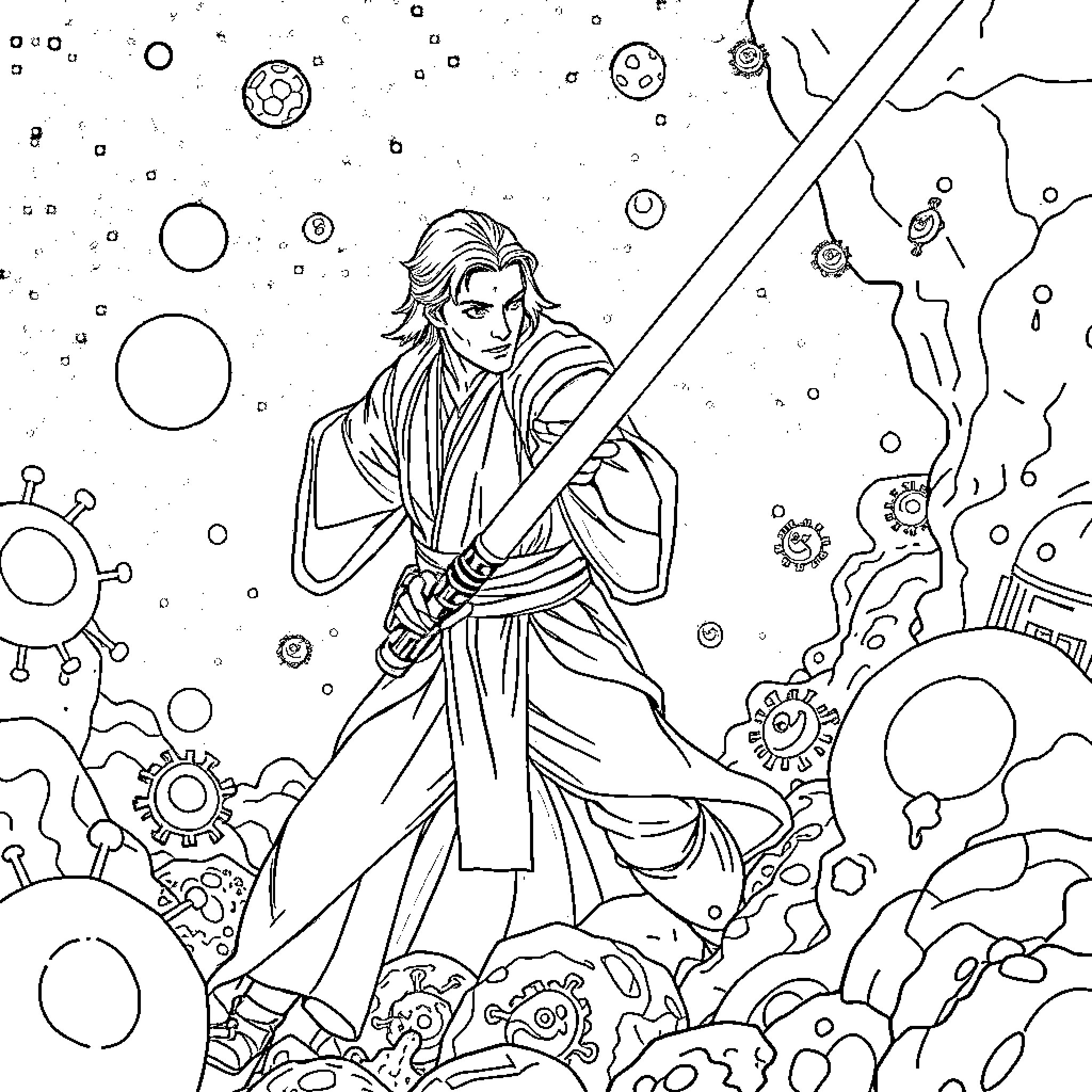 Jedi Knight's Cosmic Confrontation Coloring Page (free black-and-white line drawing printable PDF for all, from beginners to advanced learners, including children, teens, adults, and seniors)