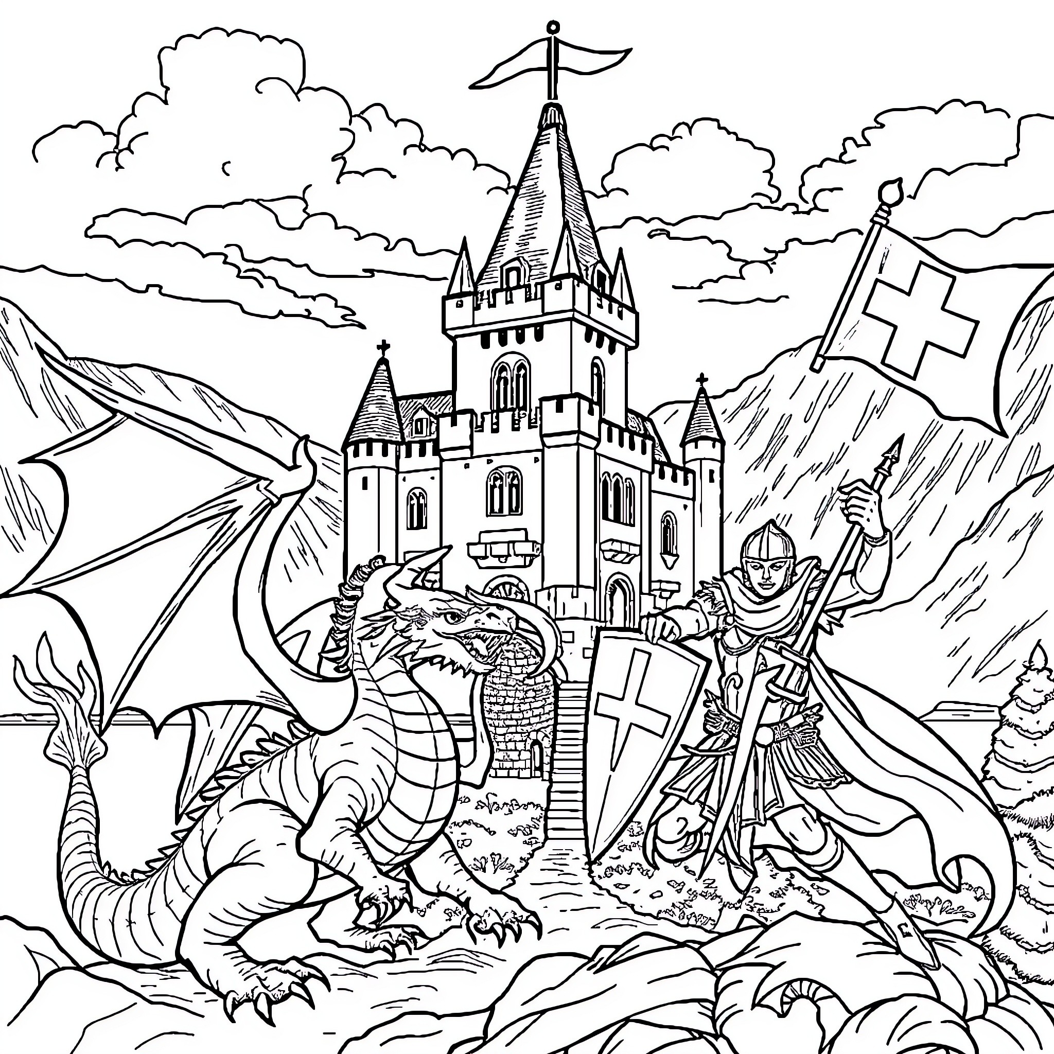 Château of a Medieval Knight and Dragon Coloring Page (free black-and-white line drawing printable PDF for all, from beginners to advanced learners, including children, teens, adults, and seniors)