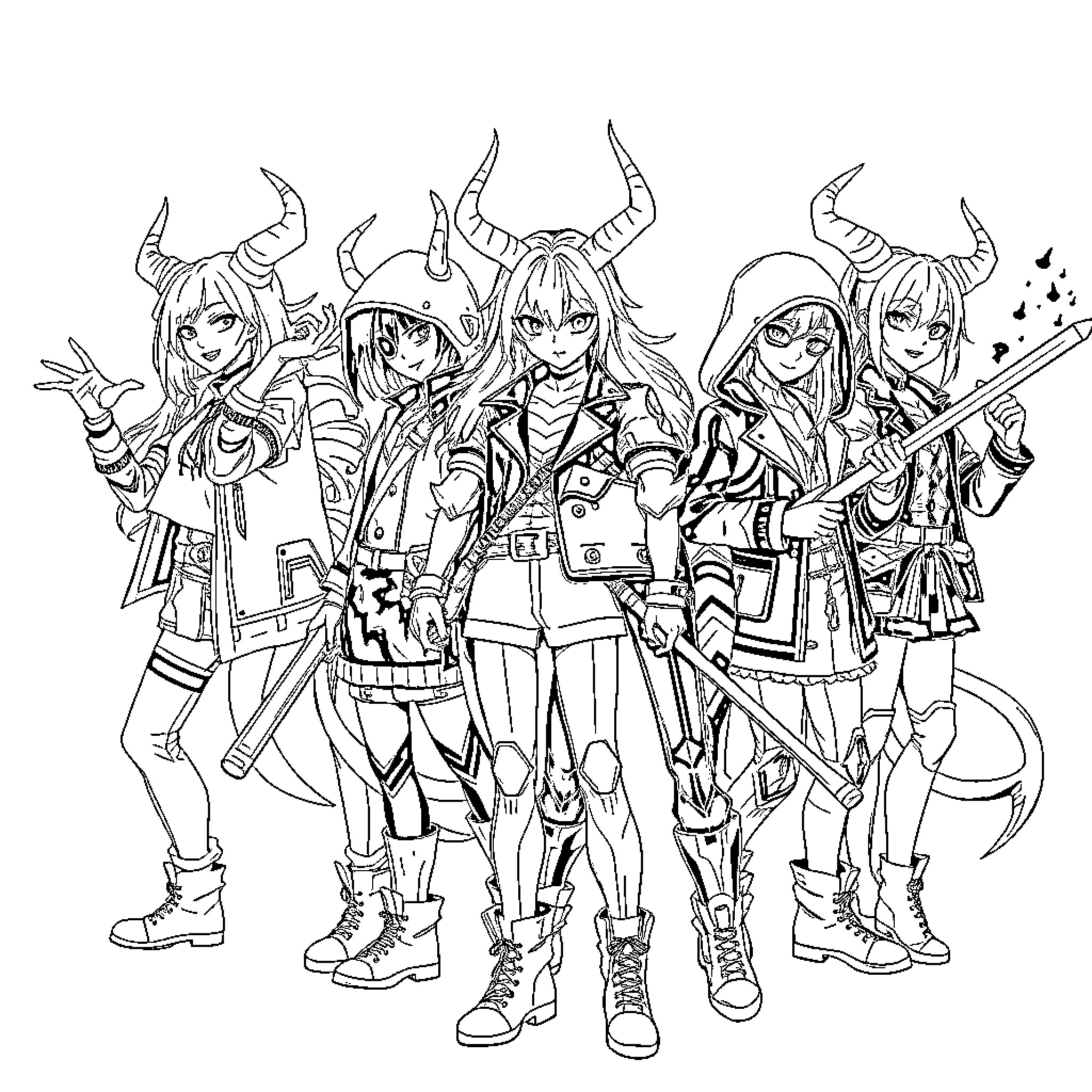 Demon Hunter Squad on the Hunt Coloring Page (free black-and-white line drawing printable PDF for all, from beginners to advanced learners, including children, teens, adults, and seniors)