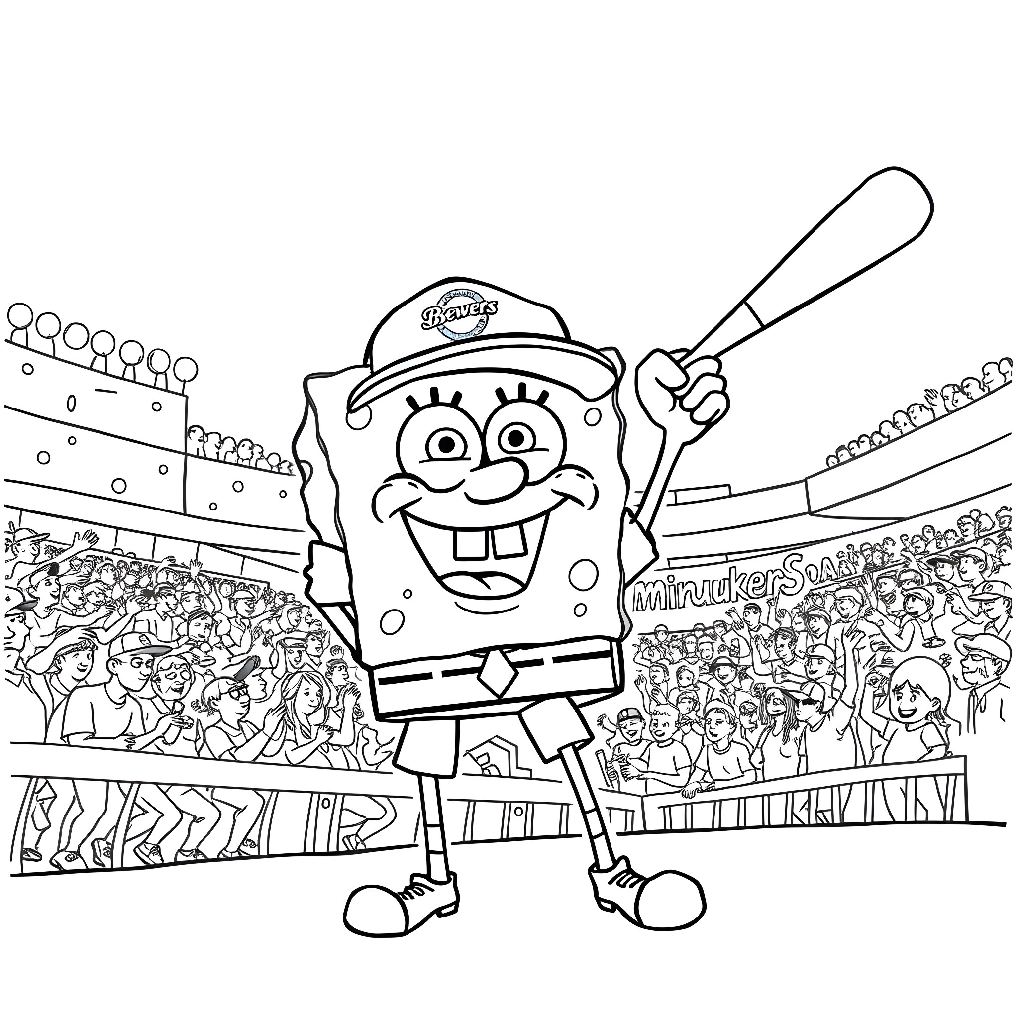 Spongebob playing baseball with cheering crowd Coloring Page (free black-and-white line drawing printable PDF for all, from beginners to advanced learners, including children, teens, adults, and seniors)