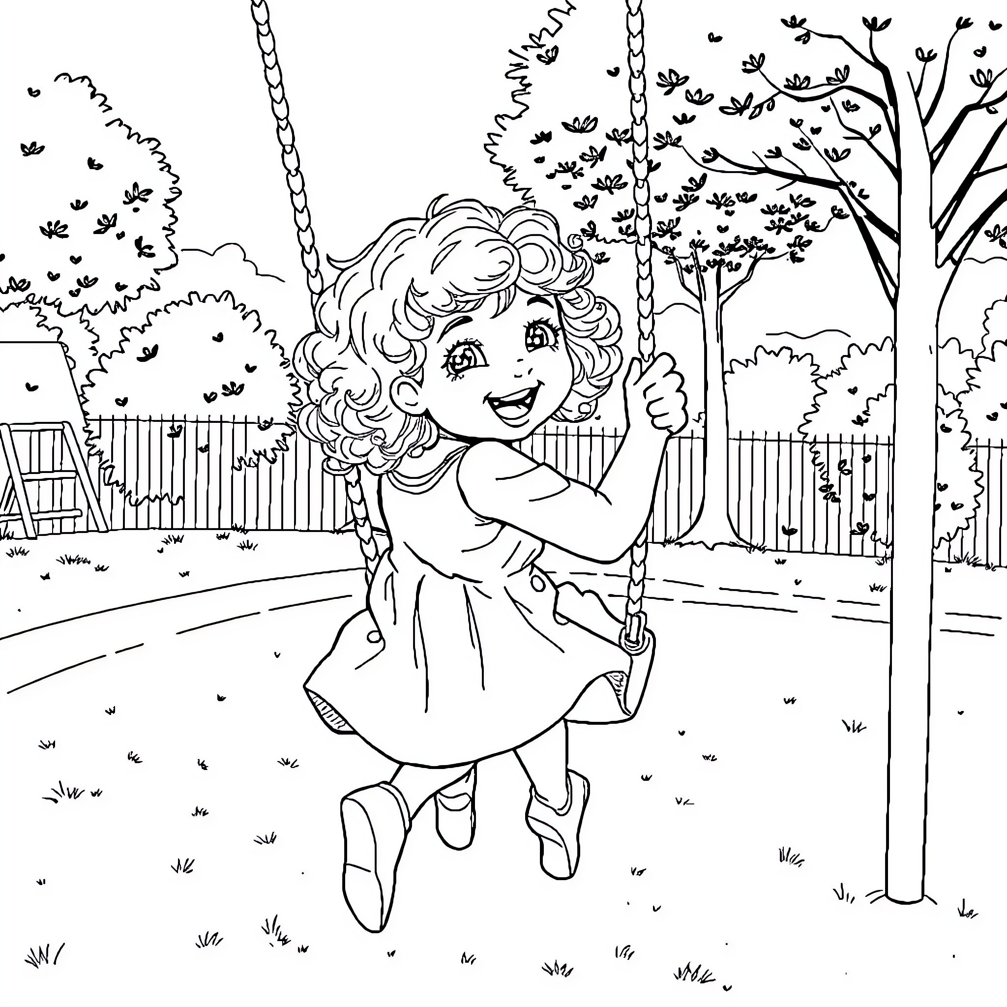 Girl swinging happily in the park Coloring Page (free black-and-white line drawing printable PDF for all, from beginners to advanced learners, including children, teens, adults, and seniors)