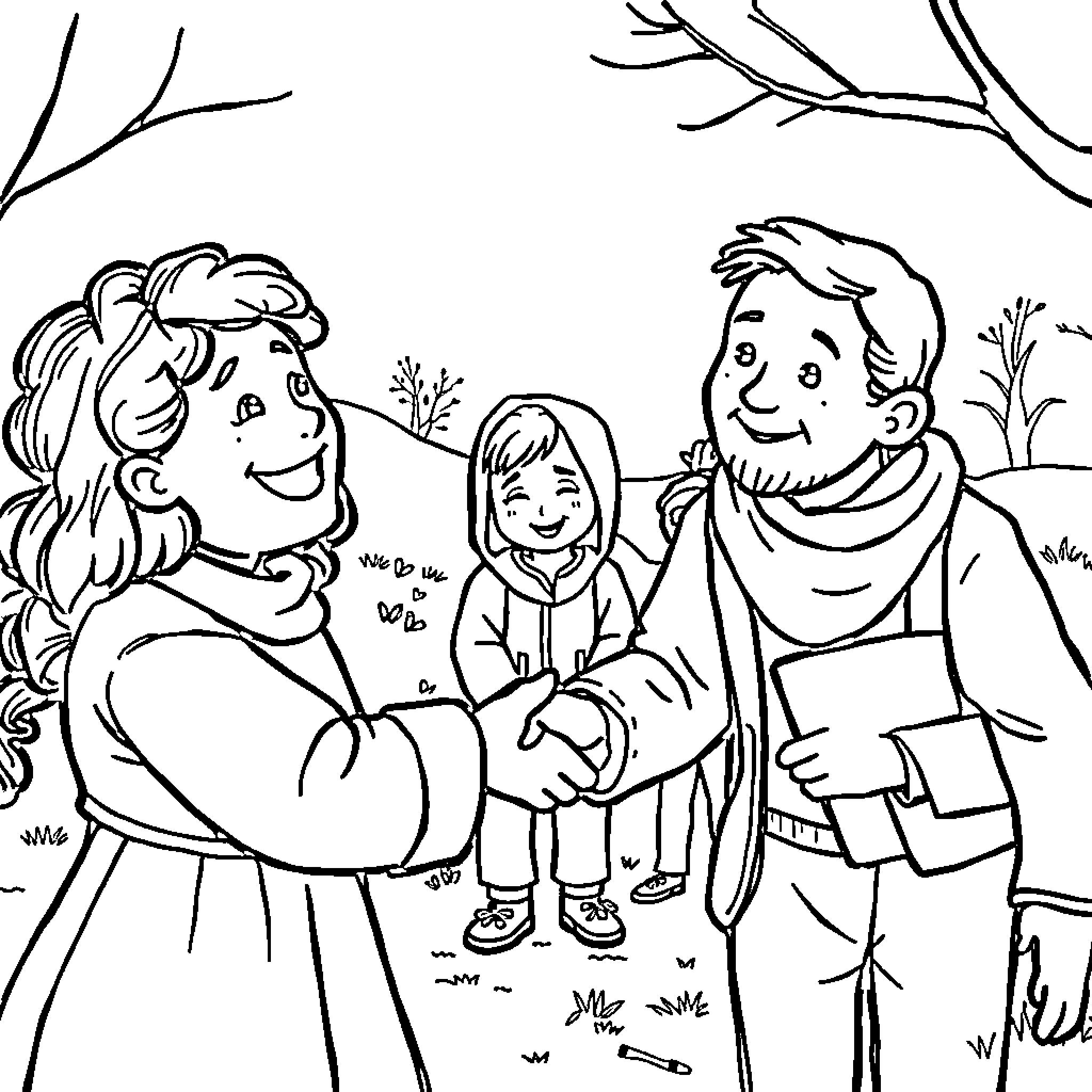 Kindness shared between a family in nature Coloring Page (free black-and-white line drawing printable PDF for all, from beginners to advanced learners, including children, teens, adults, and seniors)