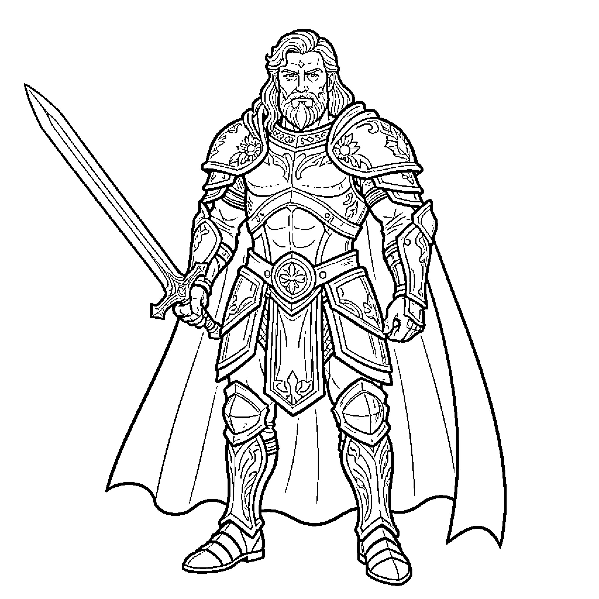 God of War Wielding Powerful Sword and Armor Coloring Page (free black-and-white line drawing printable PDF for all, from beginners to advanced learners, including children, teens, adults, and seniors)