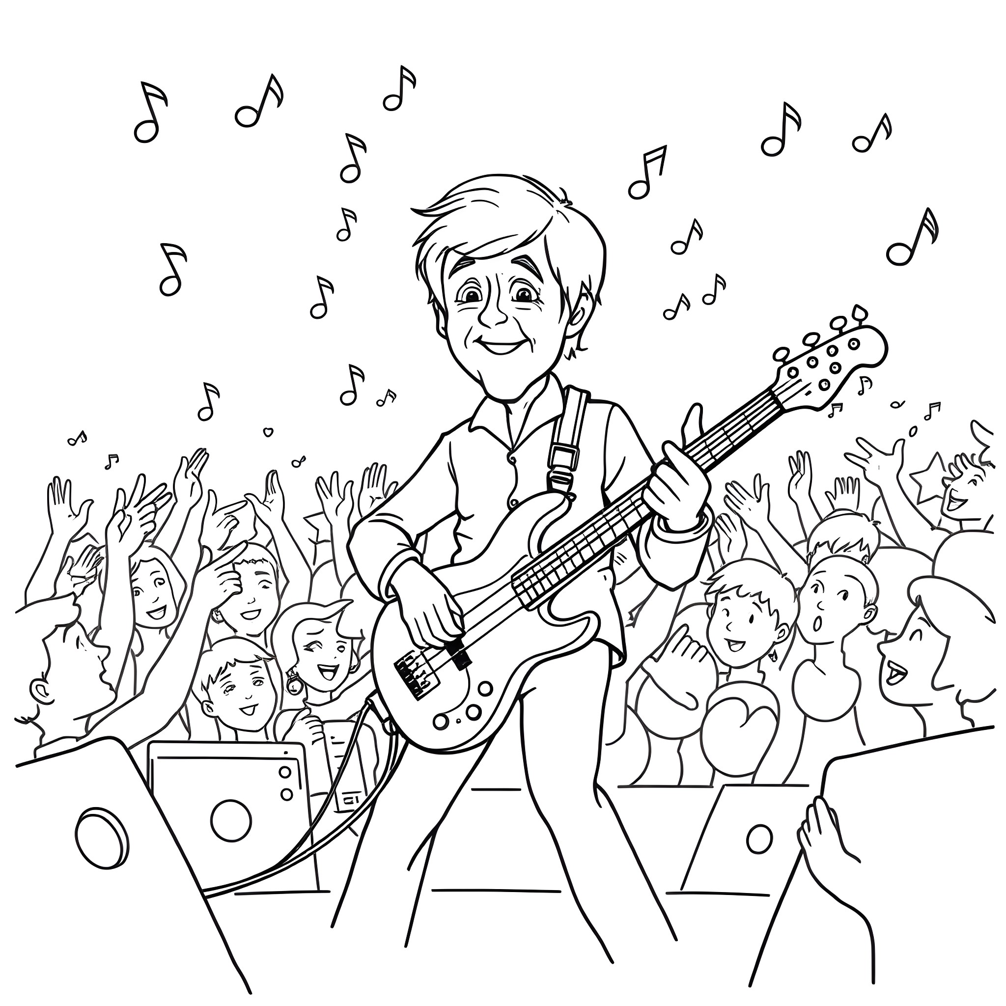 Paul McCartney Performing for Enthusiastic Crowd Coloring Page (free black-and-white line drawing printable PDF for all, from beginners to advanced learners, including children, teens, adults, and seniors)